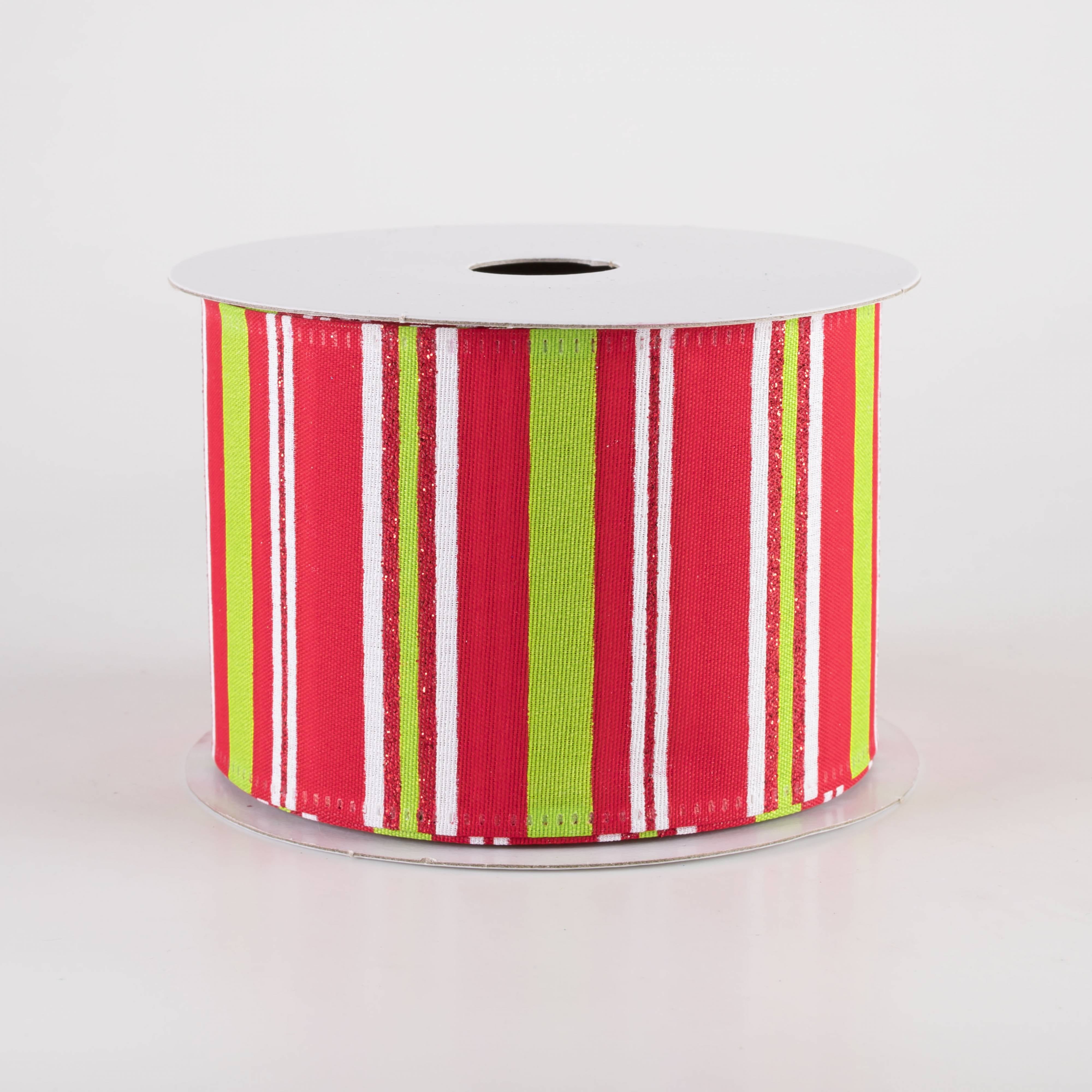 2.5" Glittered Candy Stripes Ribbon: Red, Lime & White (10 Yards) Item Number: 76418-40-29