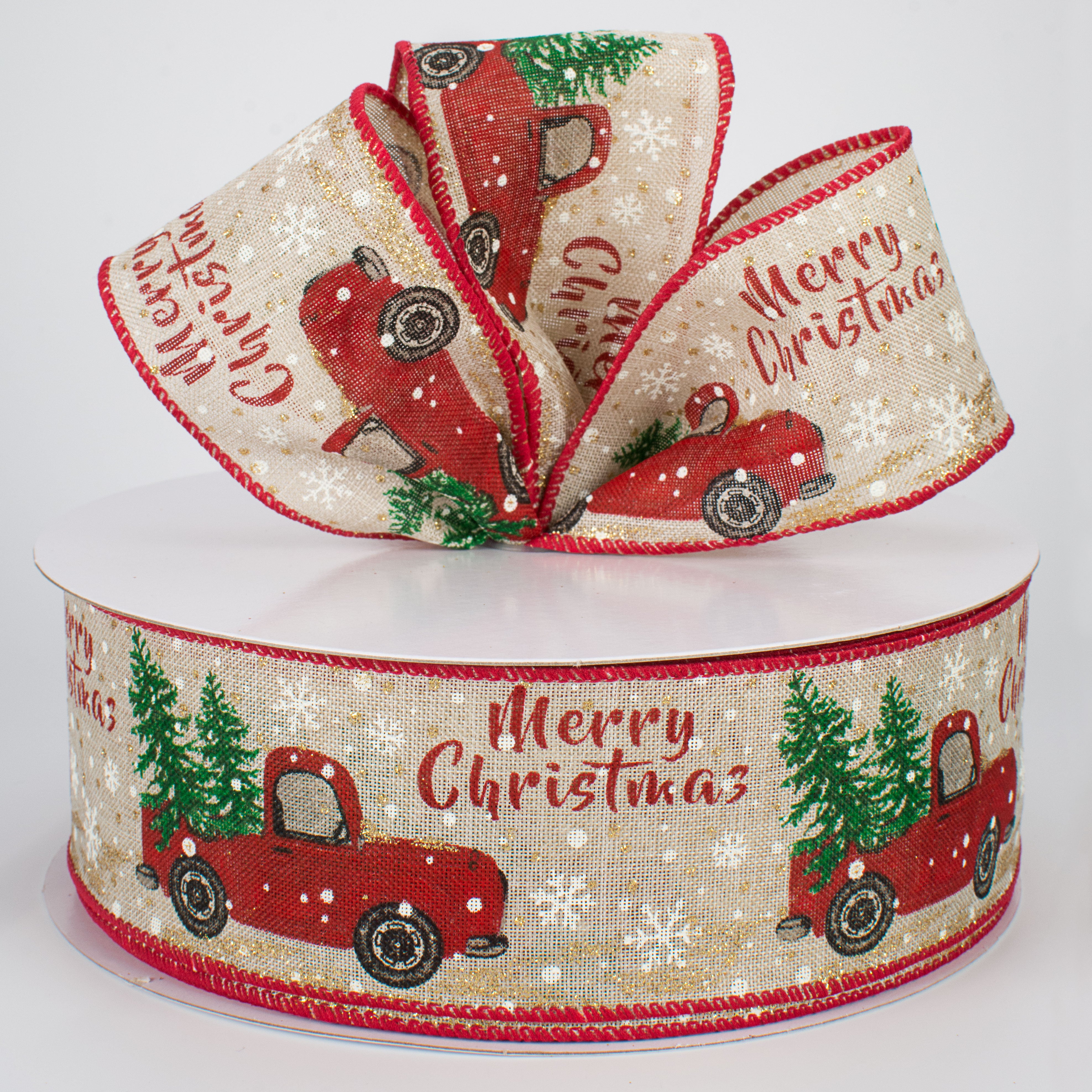 2.5" Glittered Christmas Red Truck Ribbon (50 Yards) Lifestyle Photo