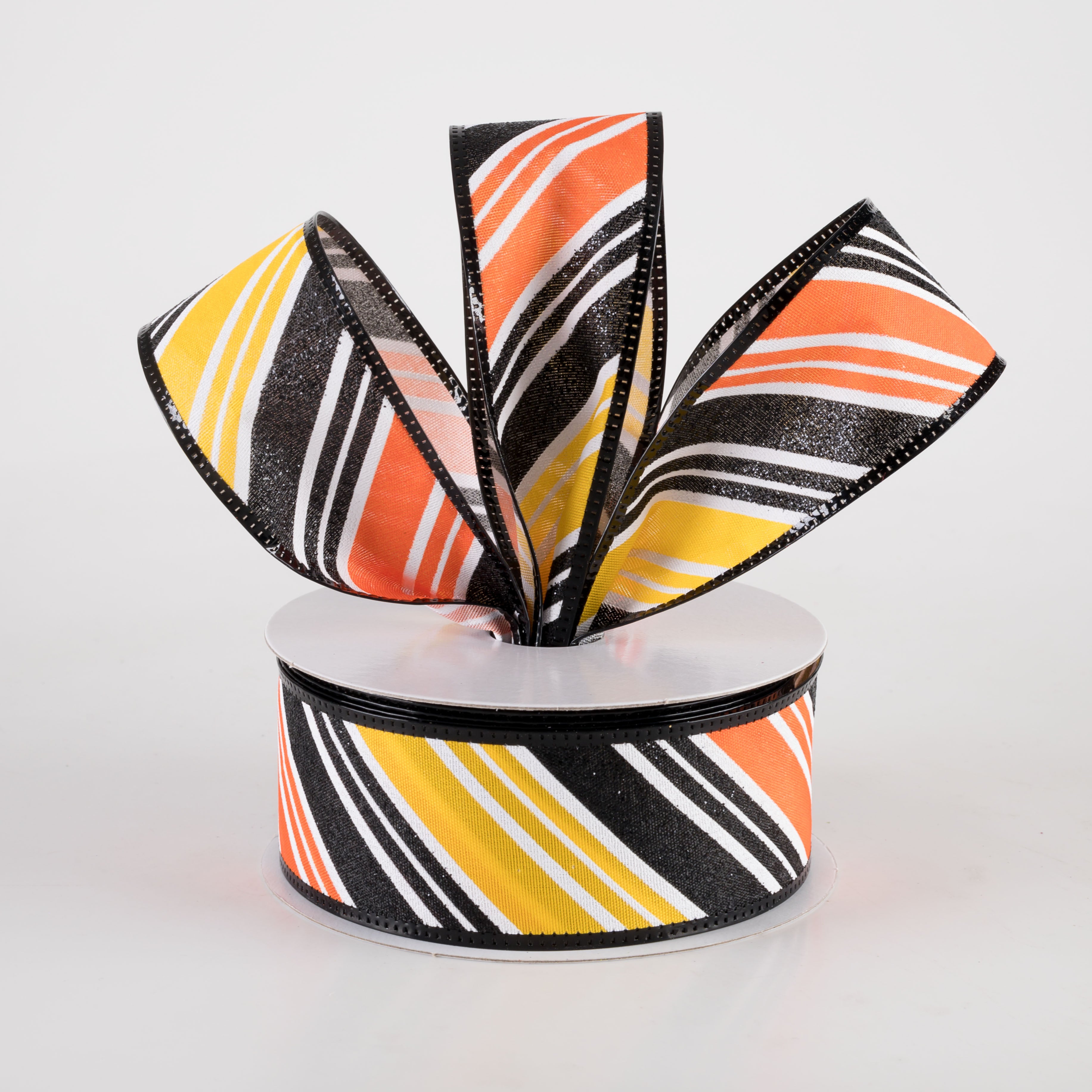 1.5" Glittered Diagonal Stripes Ribbon: Yellow, Orange & Black (10 Yards) Lifestyle Photo