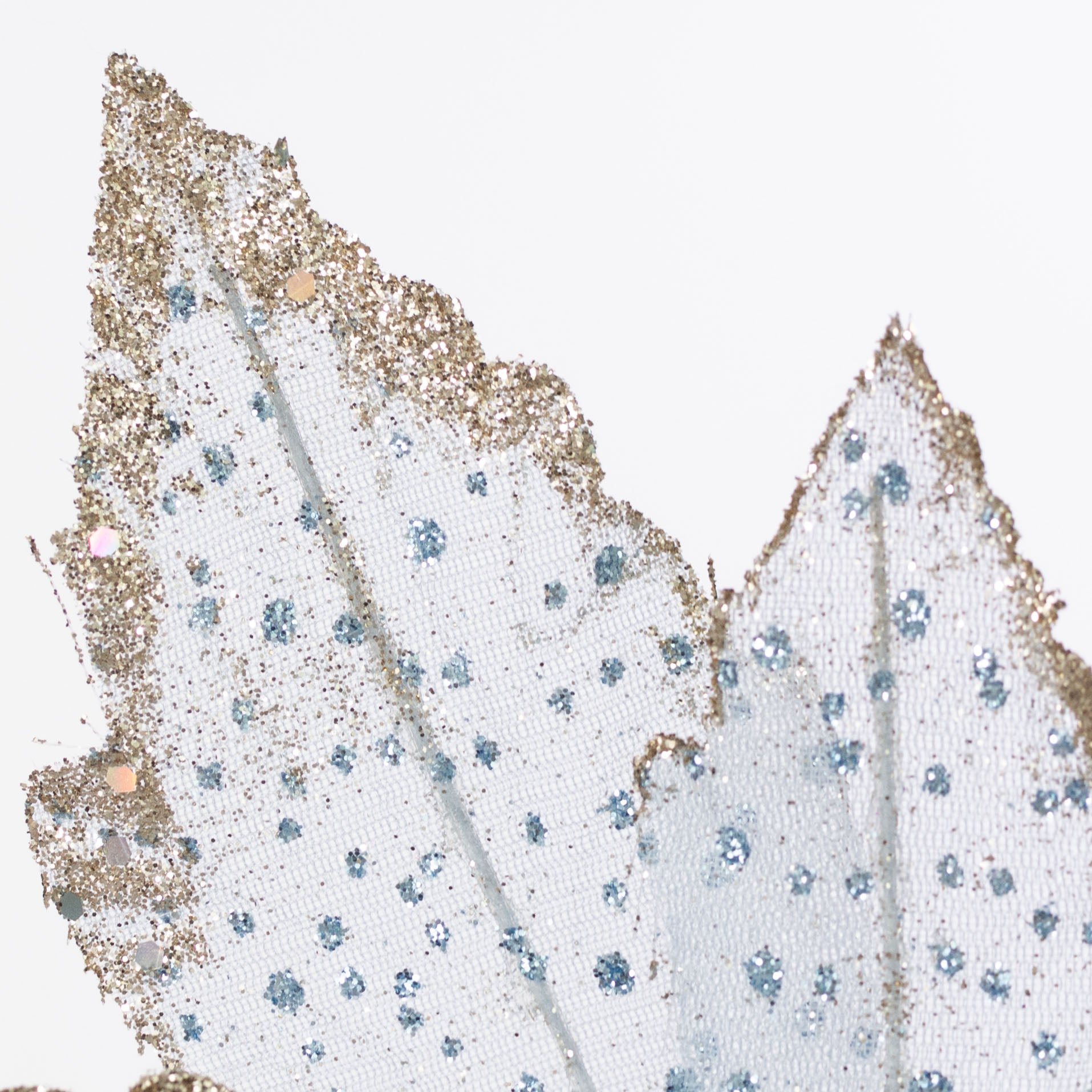11" x 18" Glittered Fabric Poinsettia Pick: Pale Blue & Gold Lifestyle Photo