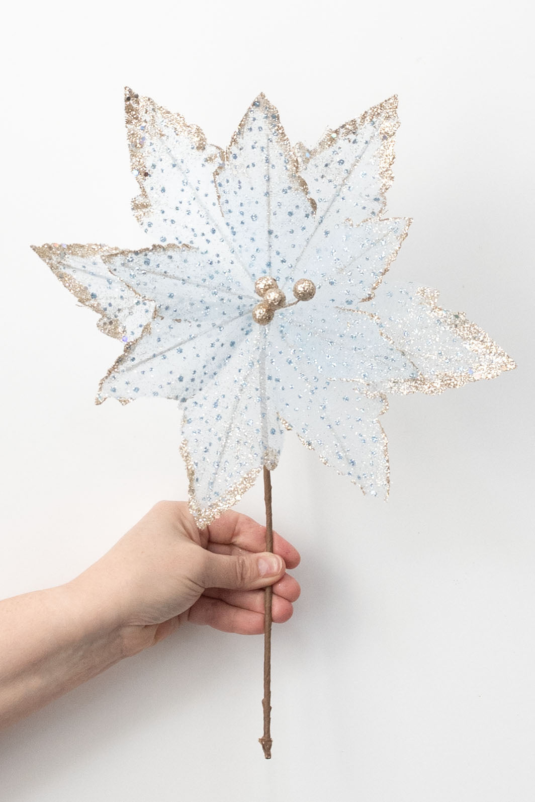 11" x 18" Glittered Fabric Poinsettia Pick: Pale Blue & Gold detail photo 3