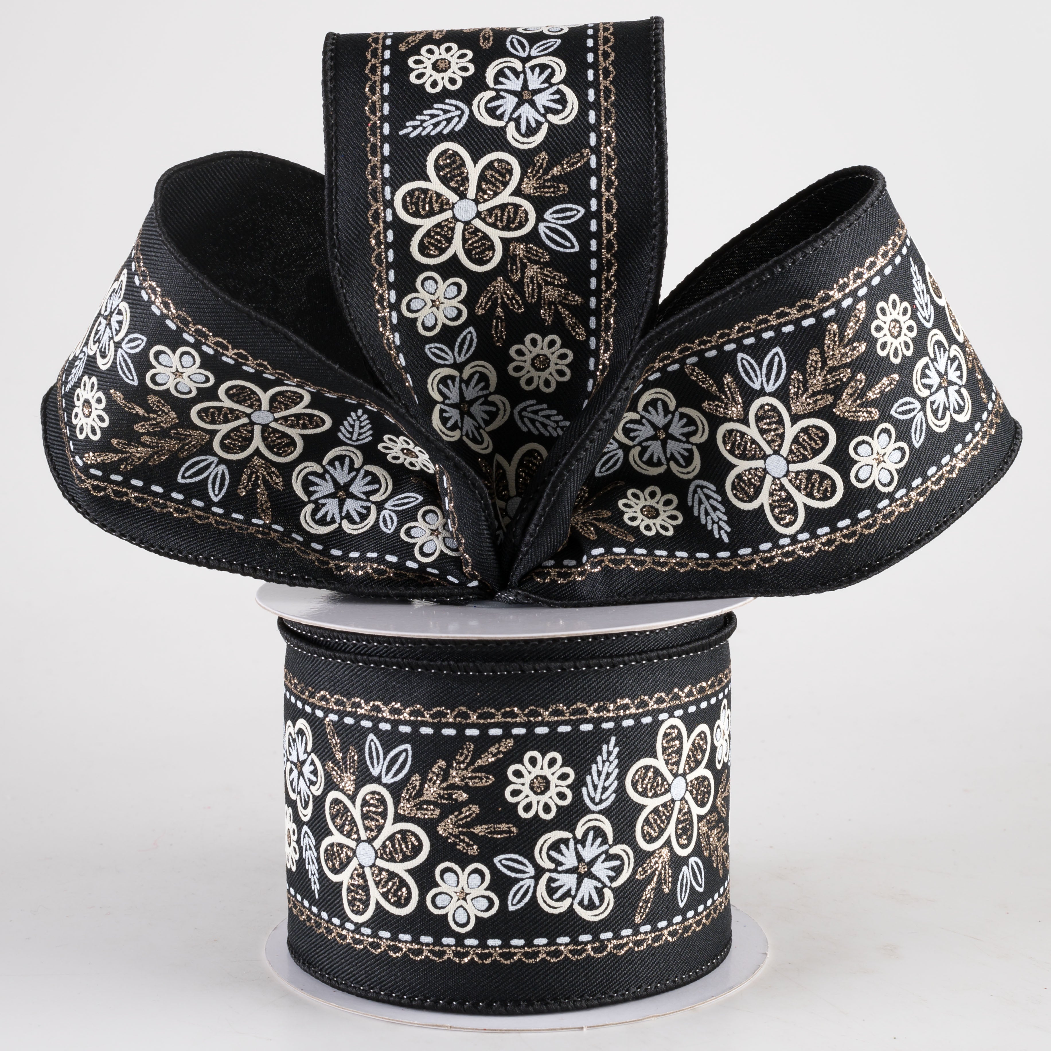 2.5" Glittered Floral Trim Ribbon: Ivory, White & Champagne on Black Lifestyle Photo