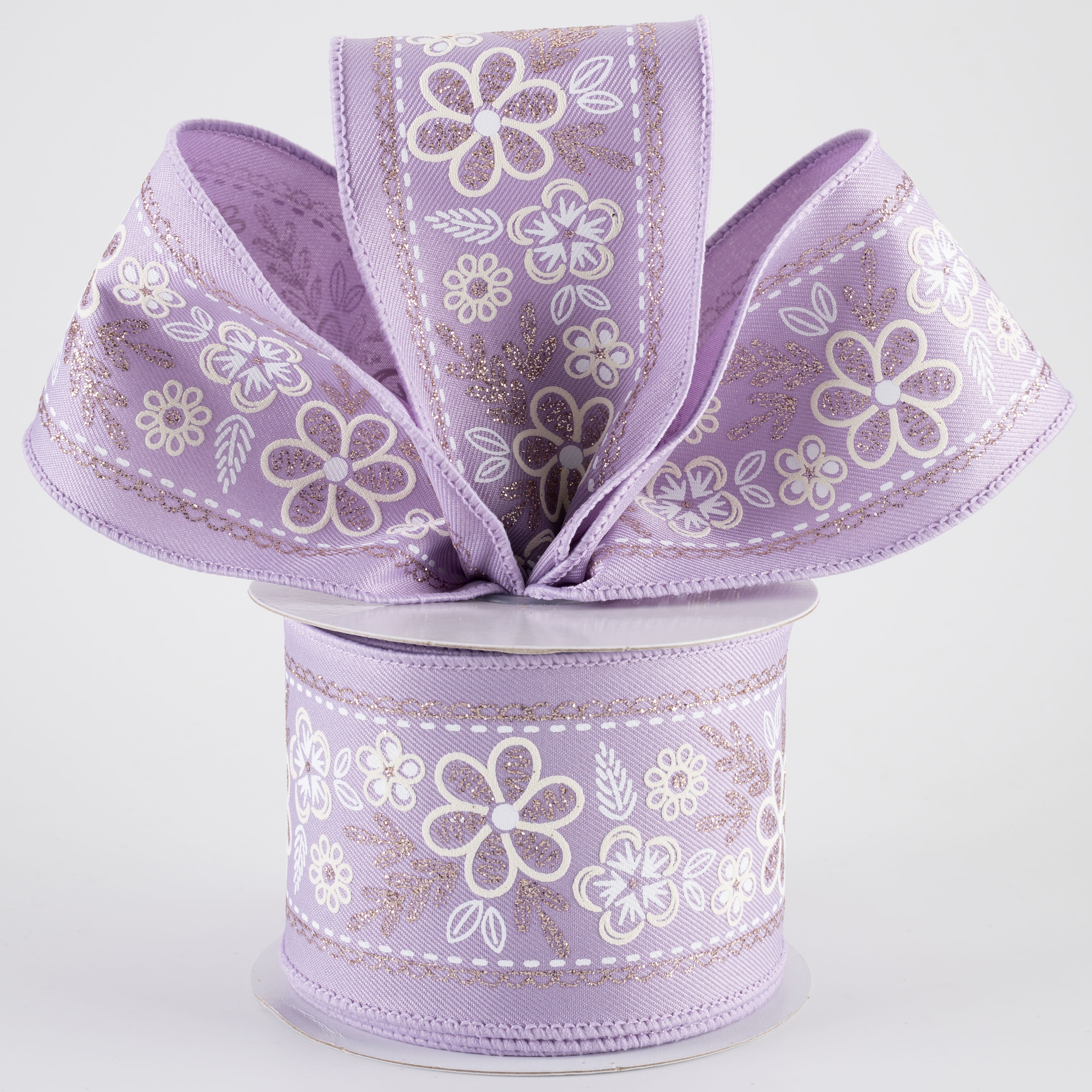 2.5" Glittered Floral Trim Ribbon: Ivory, White & Champagne on Lavender (10 Yards) Lifestyle Photo