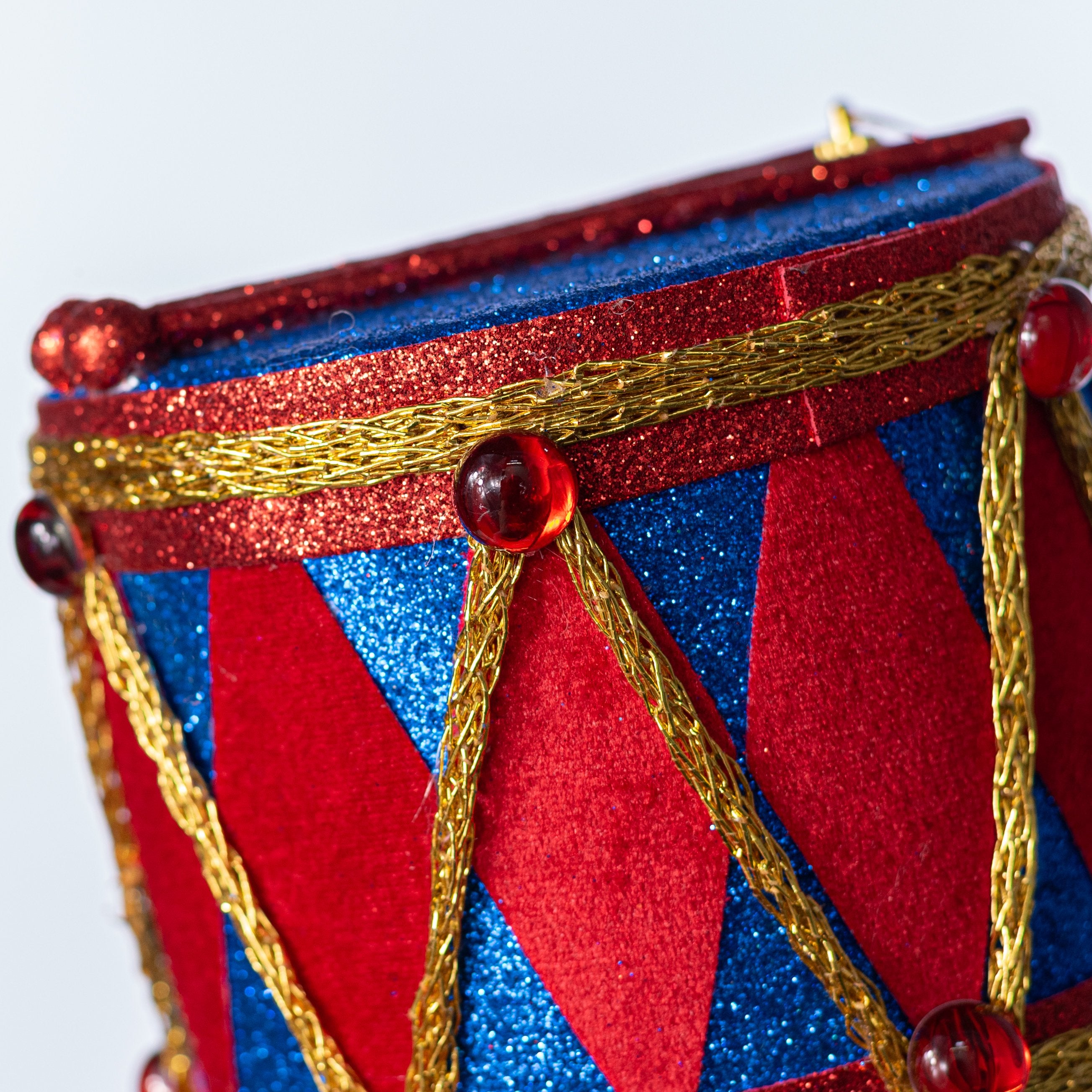 6" Glittered Harlequin Drum Ornament: Red & Blue detail photo 3
