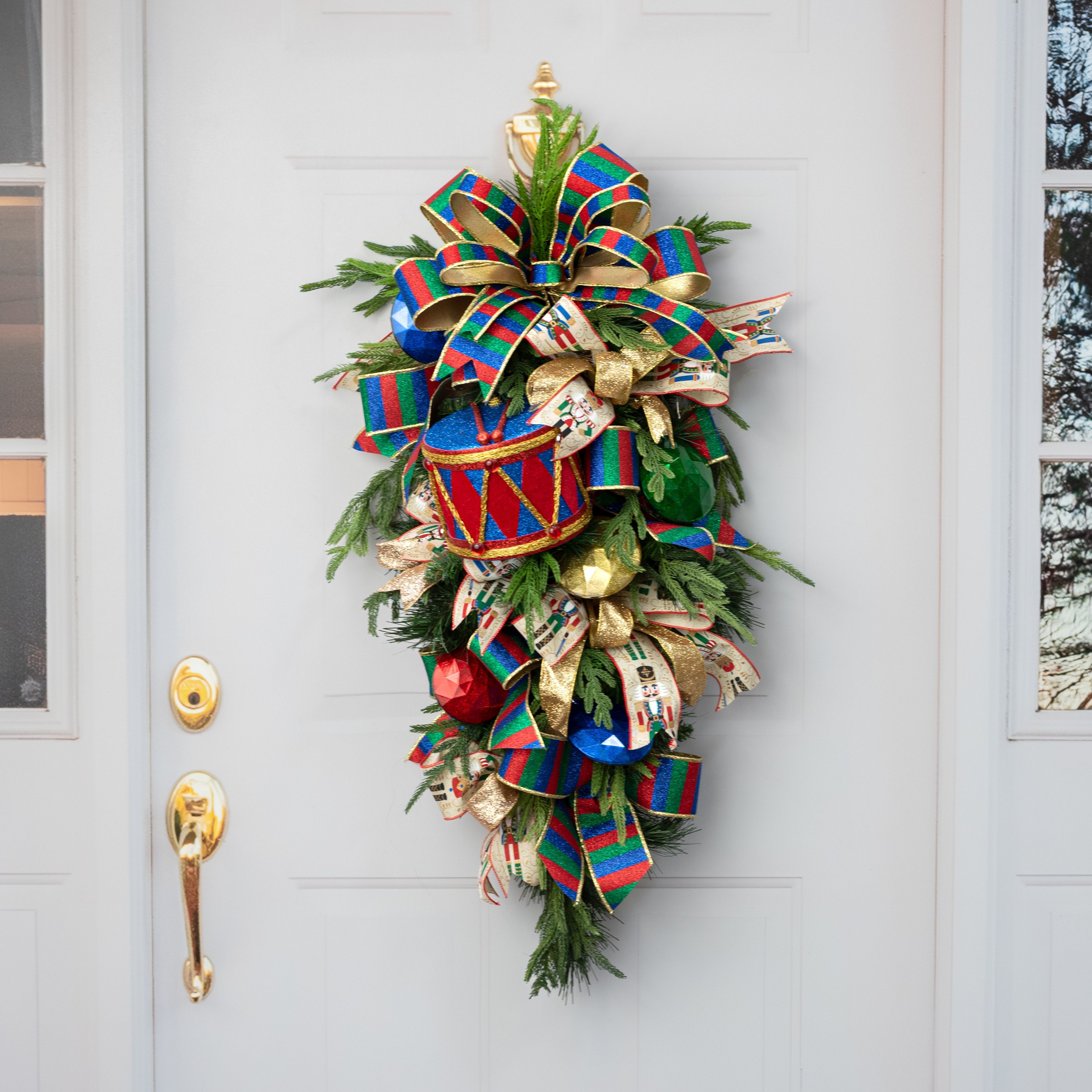 6" Glittered Harlequin Drum Ornament: Red & Blue detail photo 4