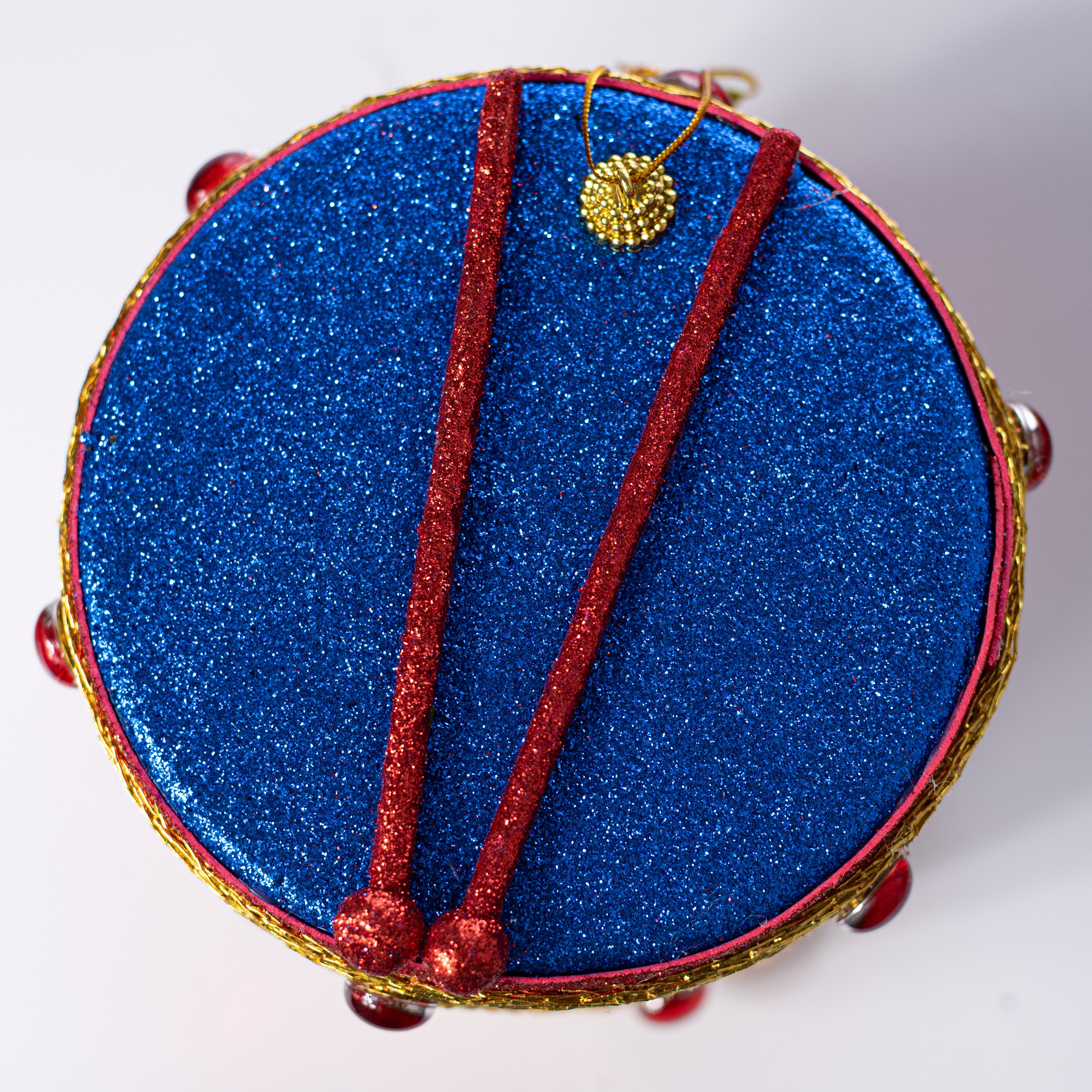 6" Glittered Harlequin Drum Ornament: Red & Blue detail photo 5