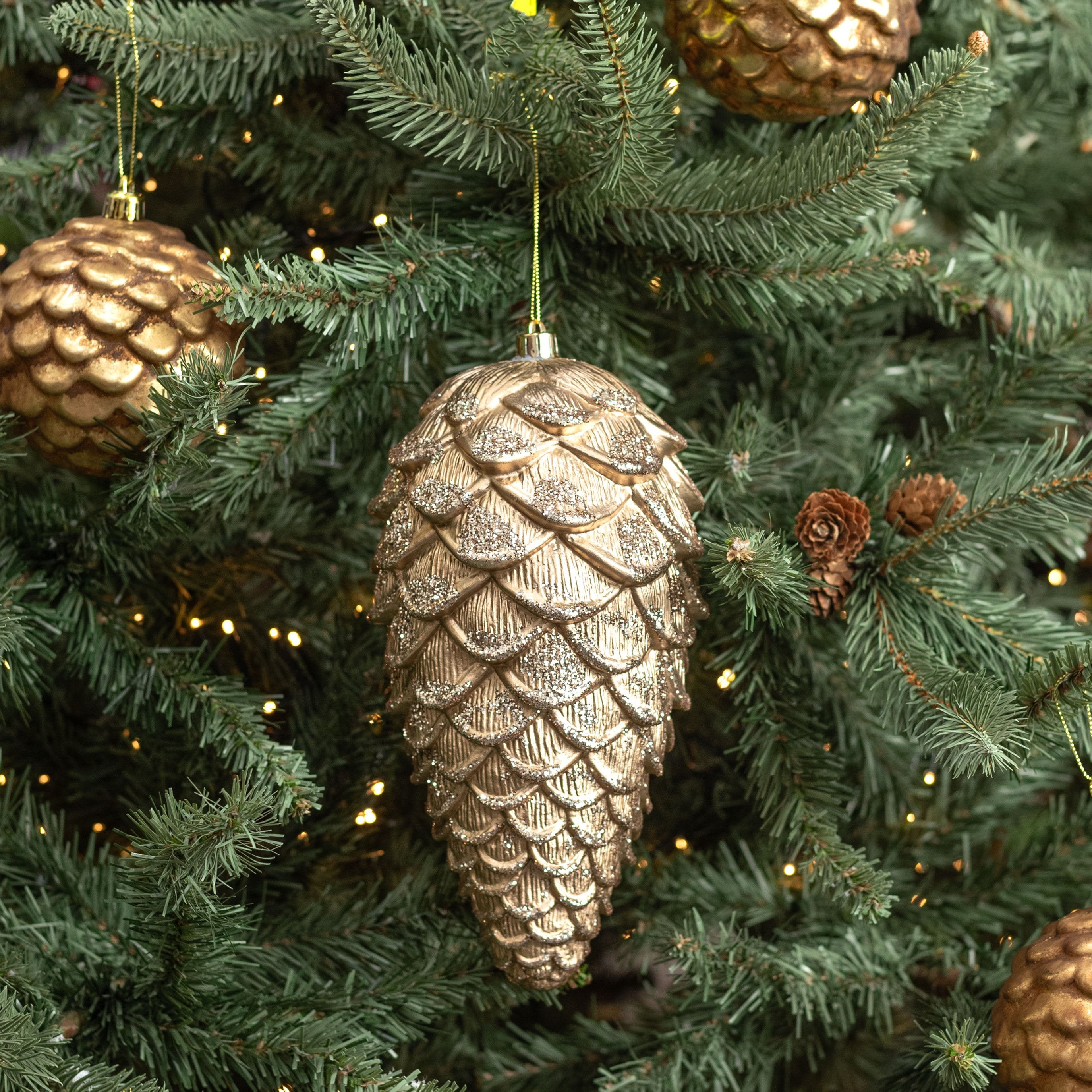 9" Glittered Metallic Pinecone Ornament: Champagne Gold detail photo 7