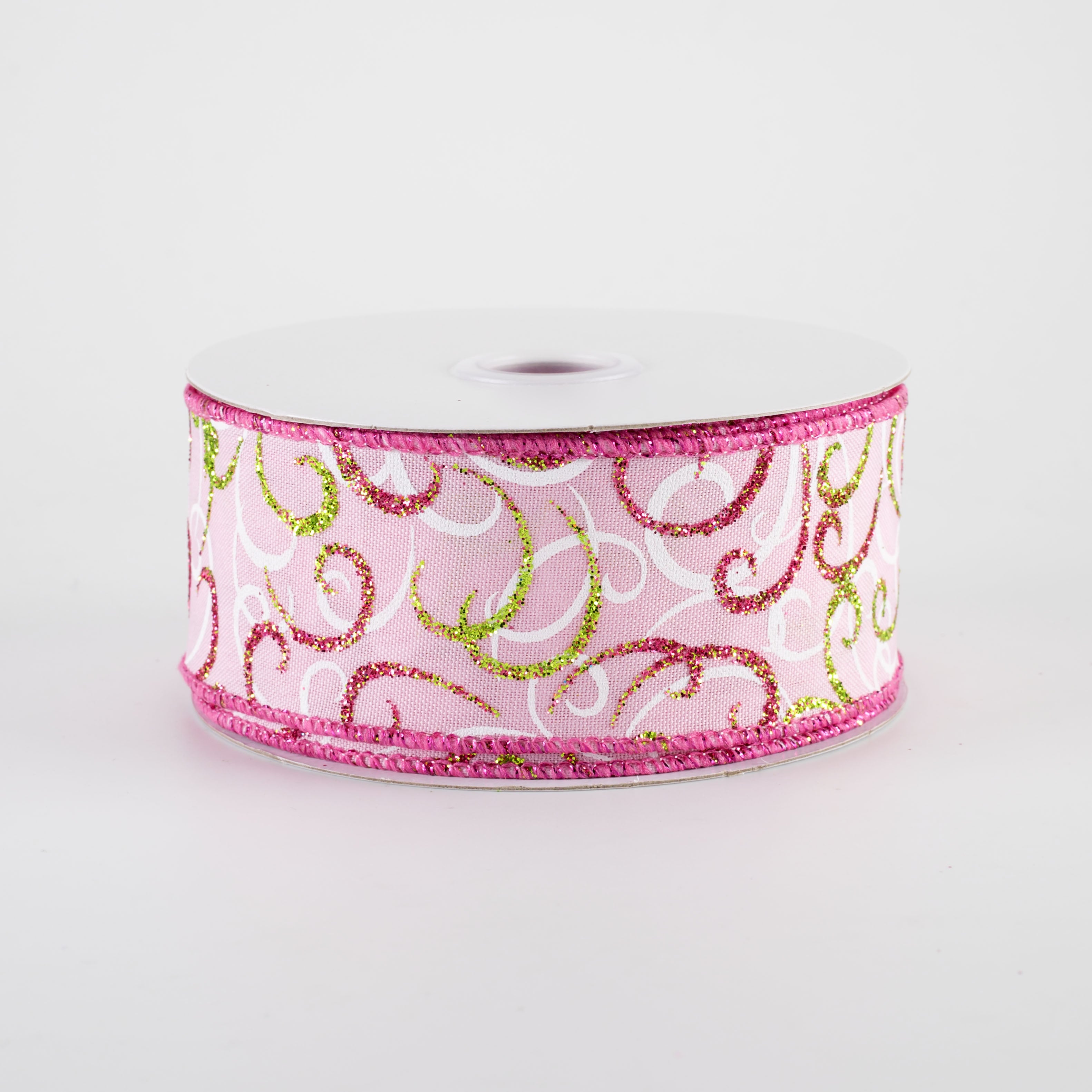 1.5" Glittered Multi Swirls Ribbon: Fuchsia, White & Lime on Pink (10 Yards) Item Number: RGF133215