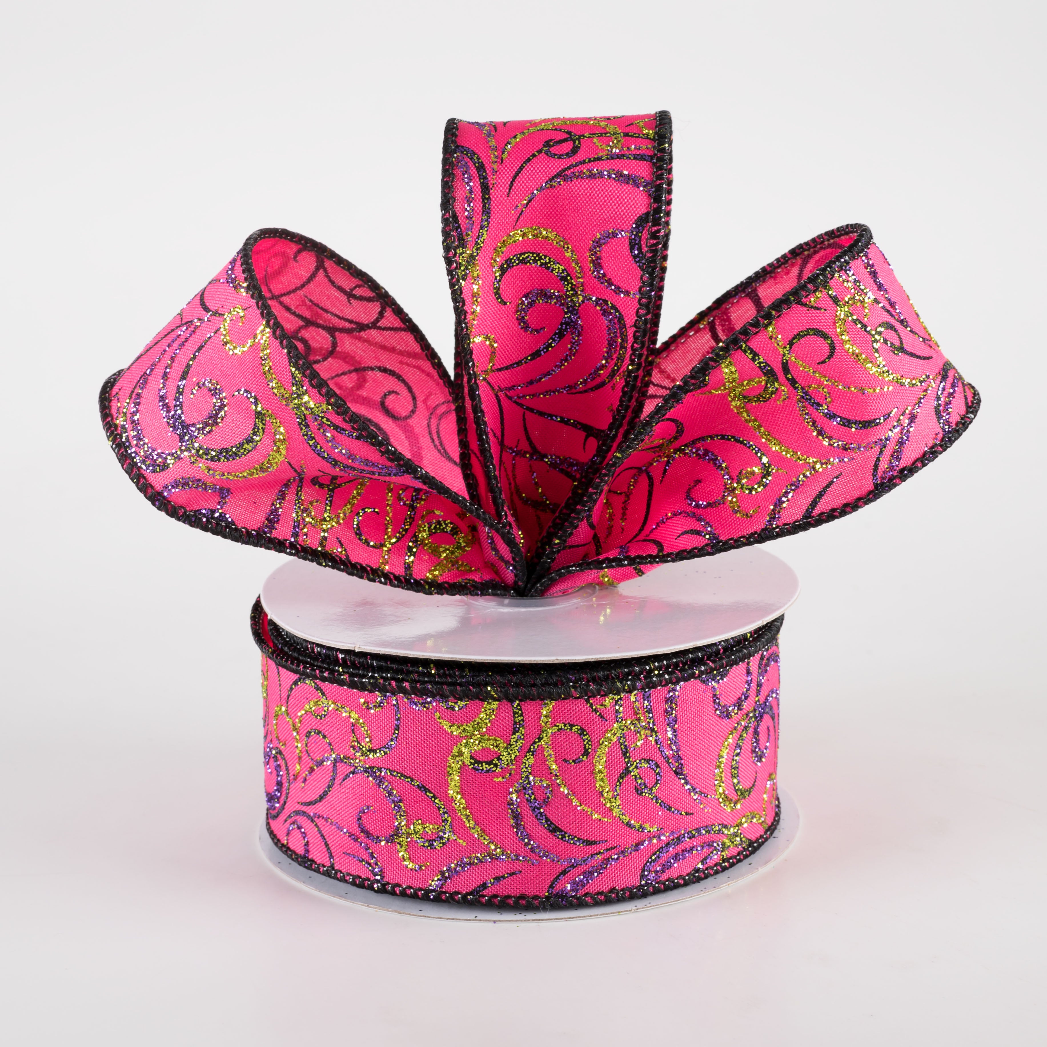 1.5" Glittered Multi Swirls Ribbon: Hot Pink, Black, Purple, Lime (10 Yards) Lifestyle Photo