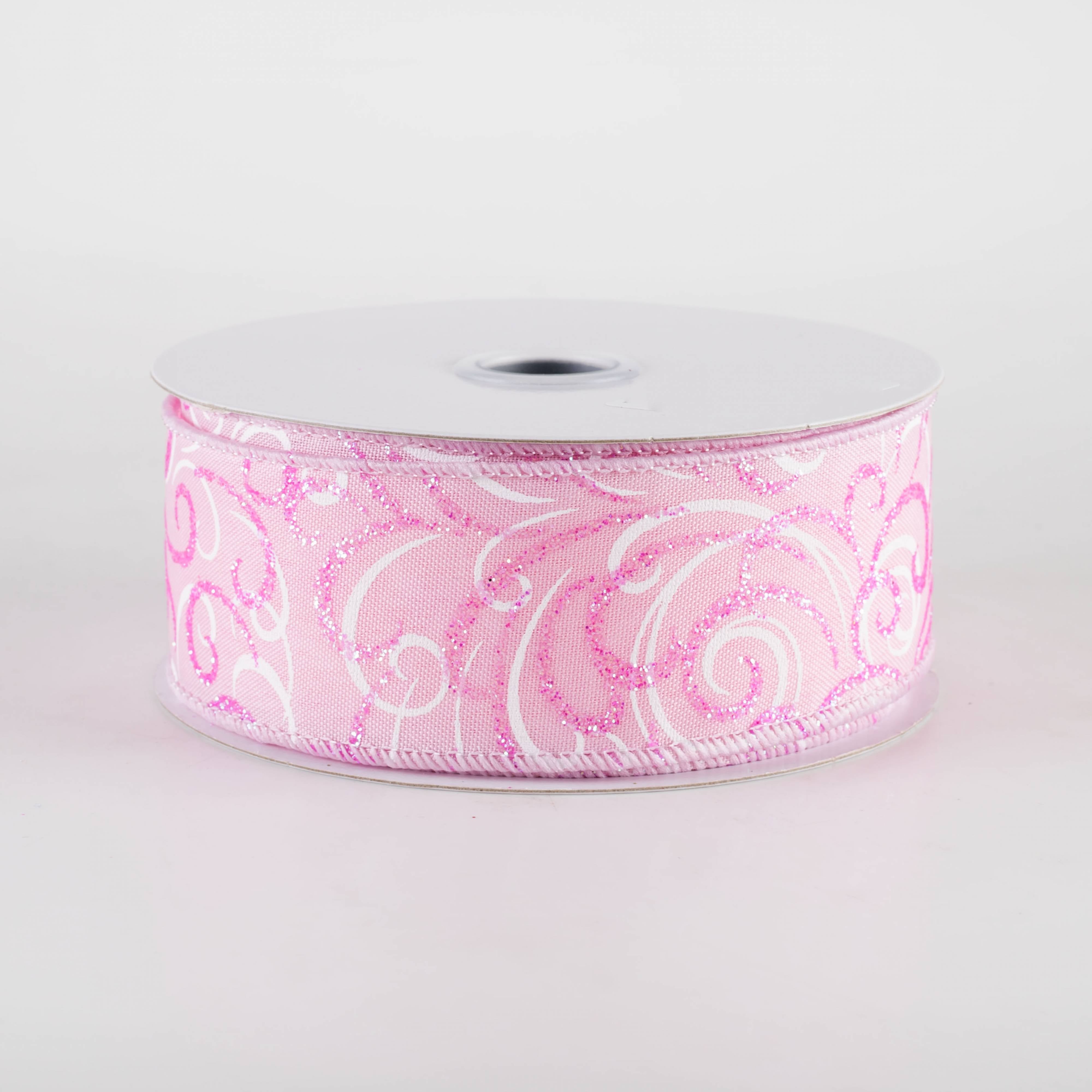 1.5" Glittered Multi Swirls Ribbon: Iridescent Pink & White on Pink (10 Yards) Item Number: RGF132615