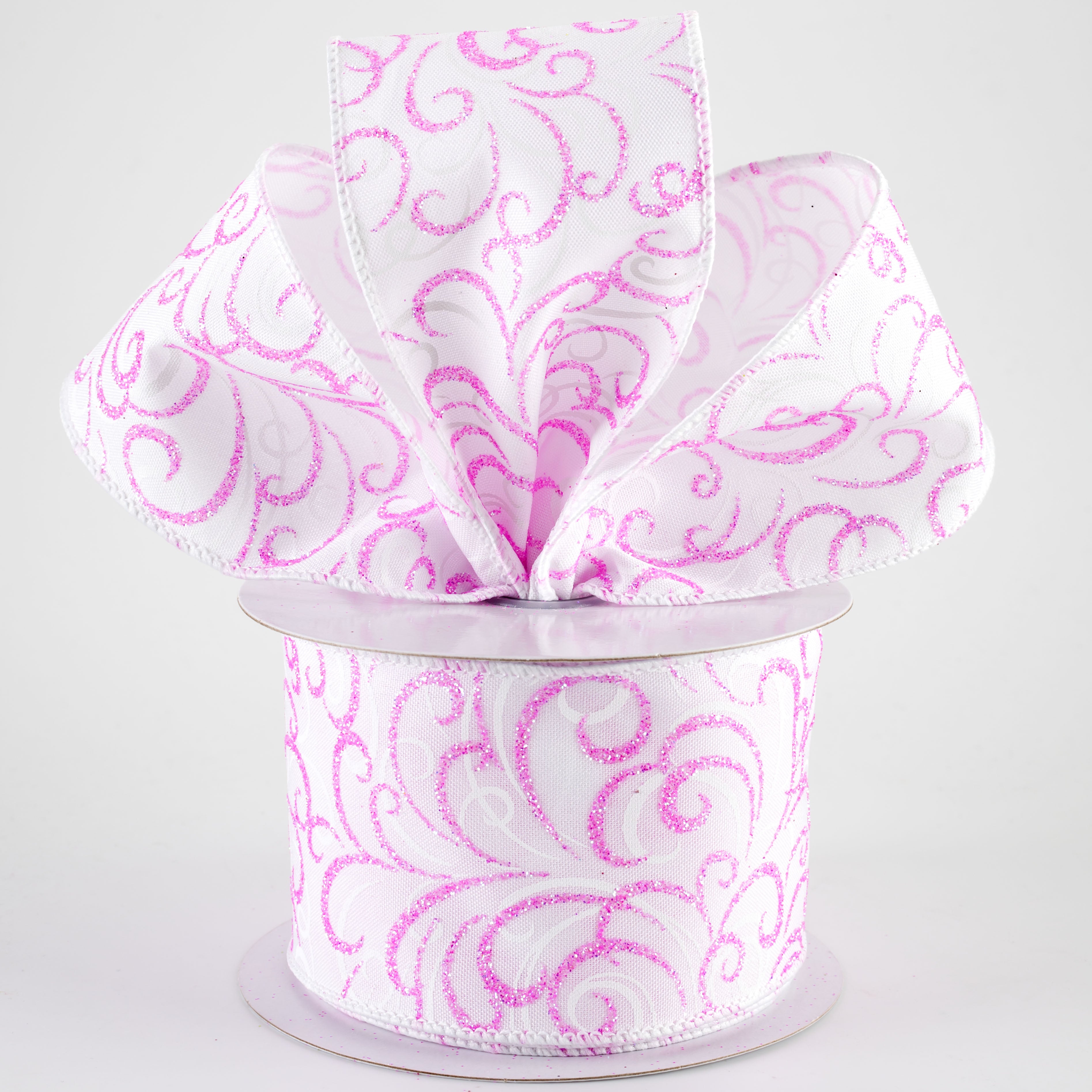 2.5" Glittered Multi Swirls Ribbon: Iridescent Pink & White on White (10 Yards) Lifestyle Photo