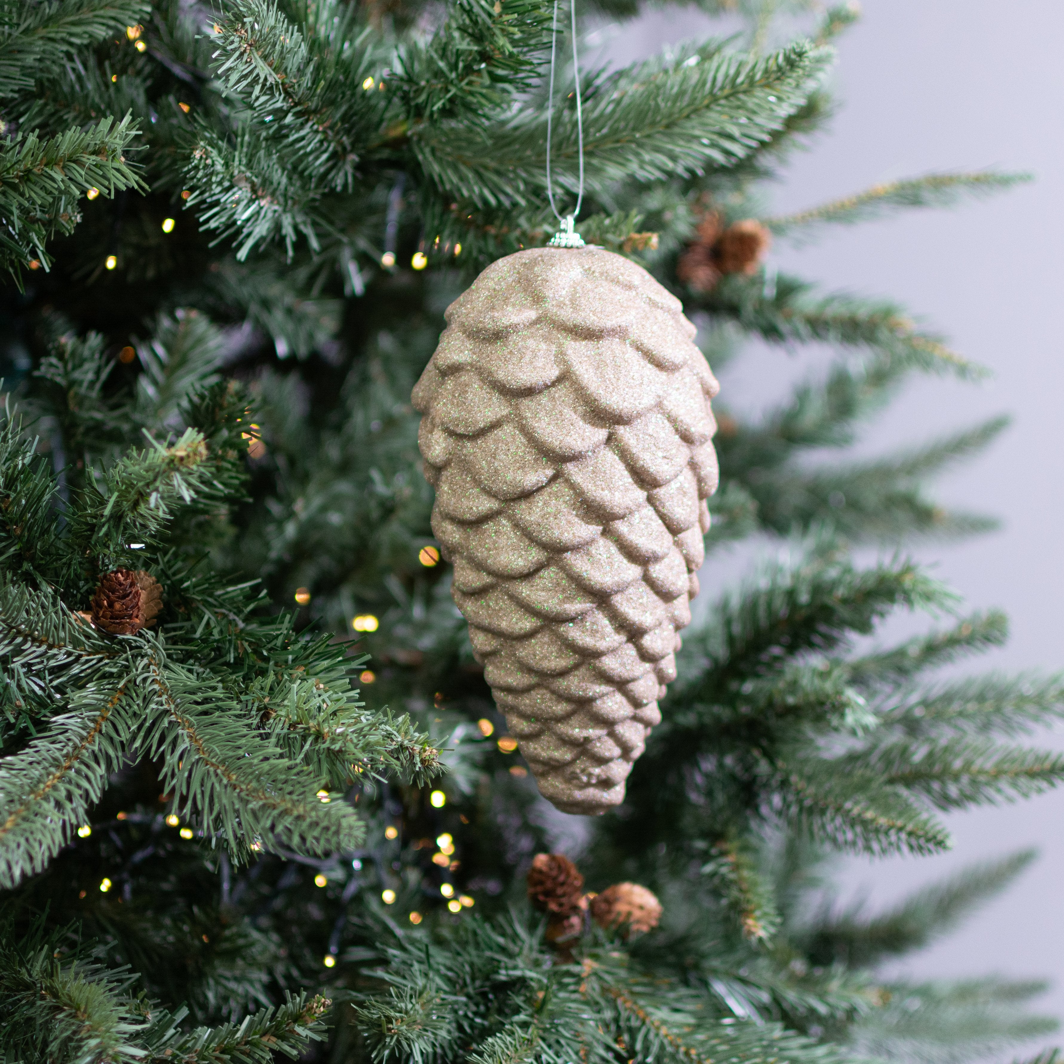 9" Glittered Pinecone Ornament: Taupe Lifestyle Photo