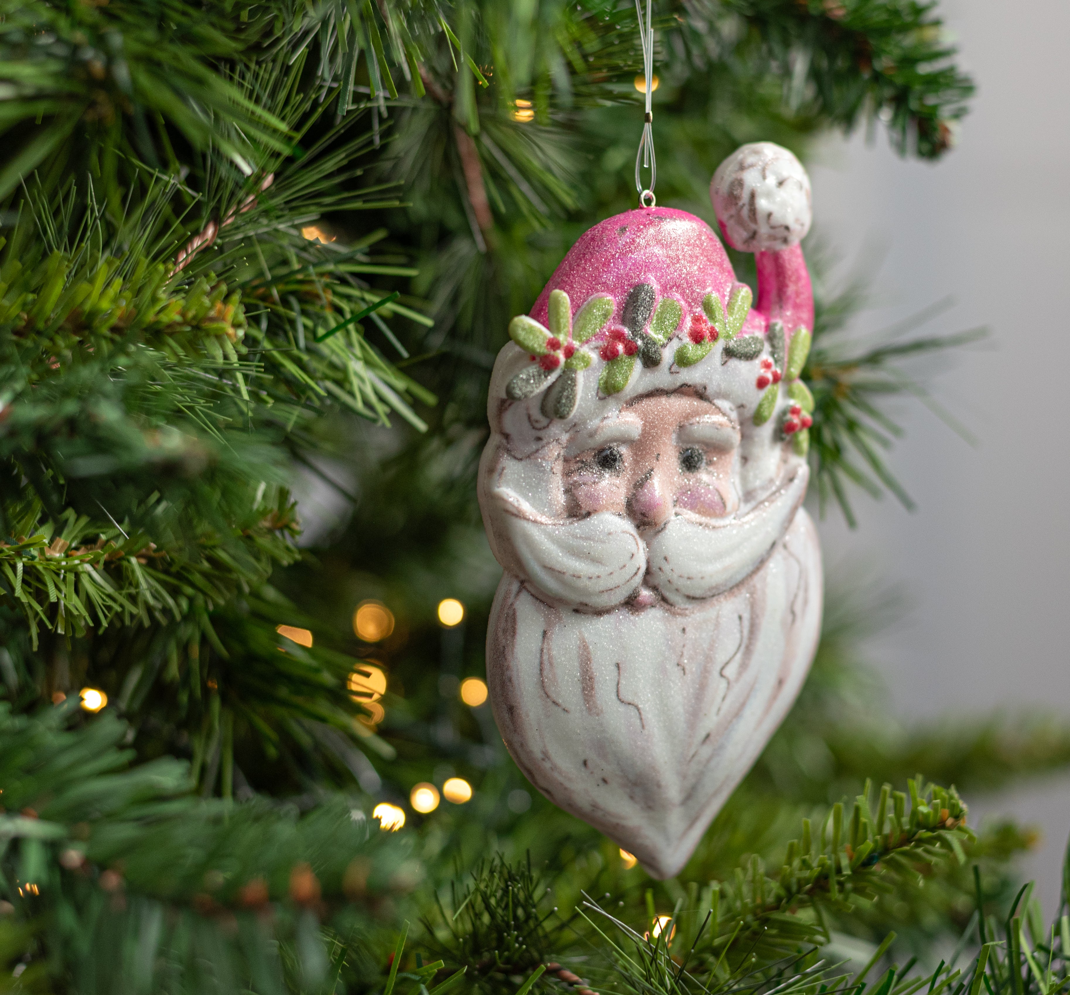 5.5" Glittered Pink Santa Head Ornament Lifestyle Photo