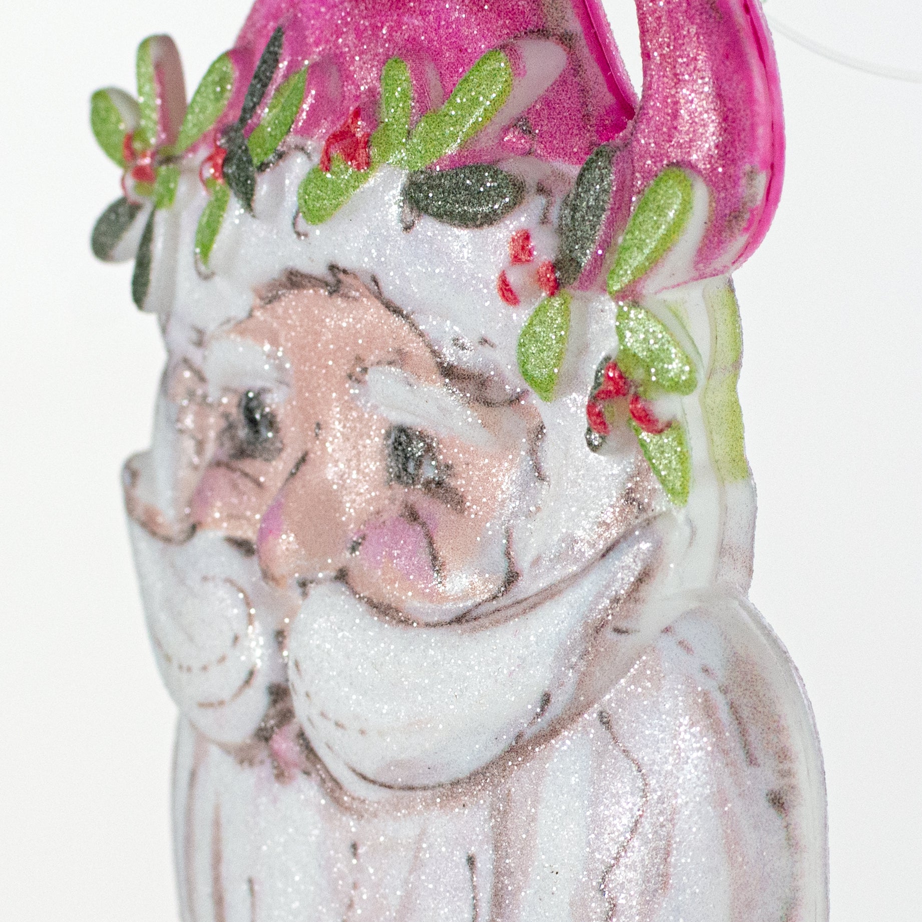 5.5" Glittered Pink Santa Head Ornament detail photo 4