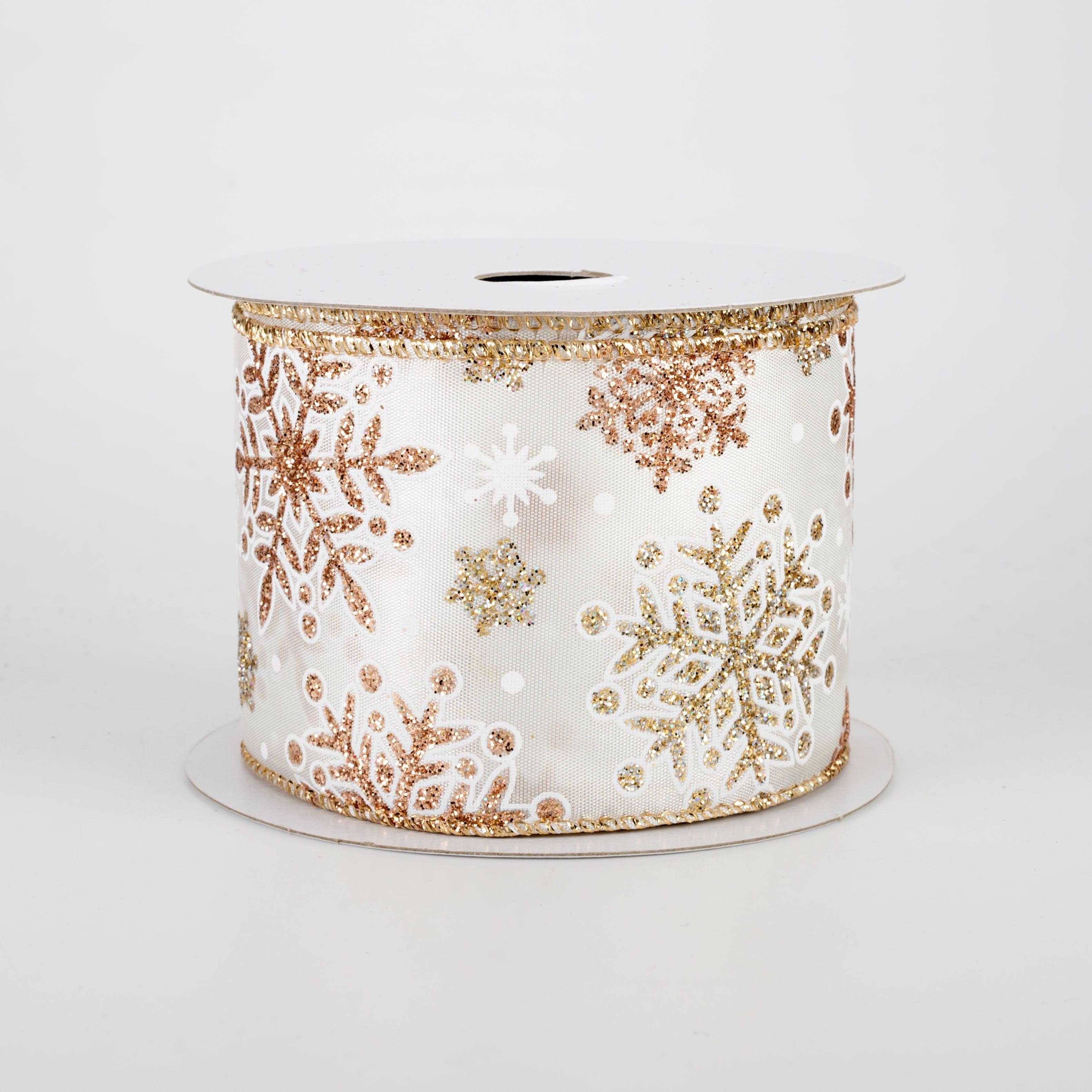2.5" Glittered Snowflakes Ribbon: White & Rose Gold (10 Yards)