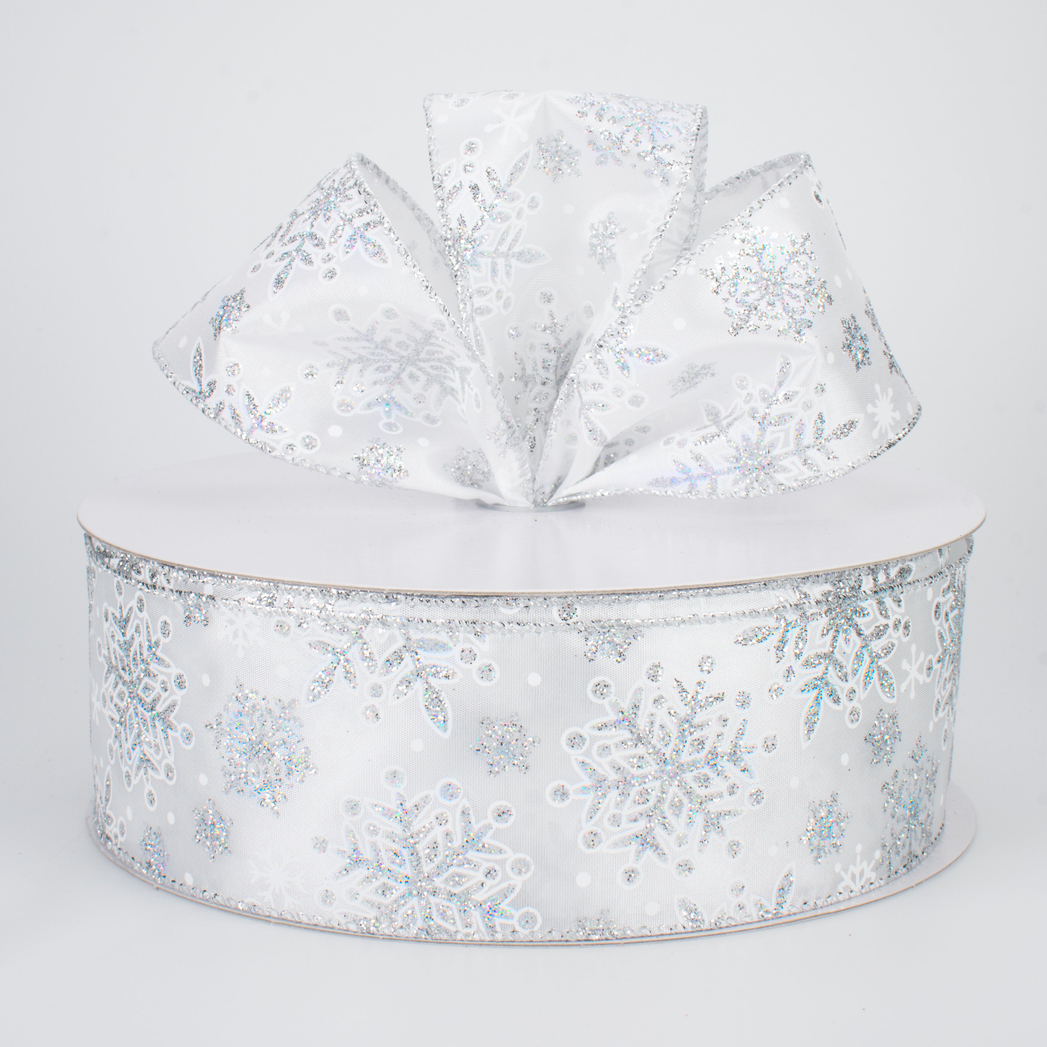 2.5" Glittered Snowflakes Ribbon: White & Silver (50 Yards) Lifestyle Photo