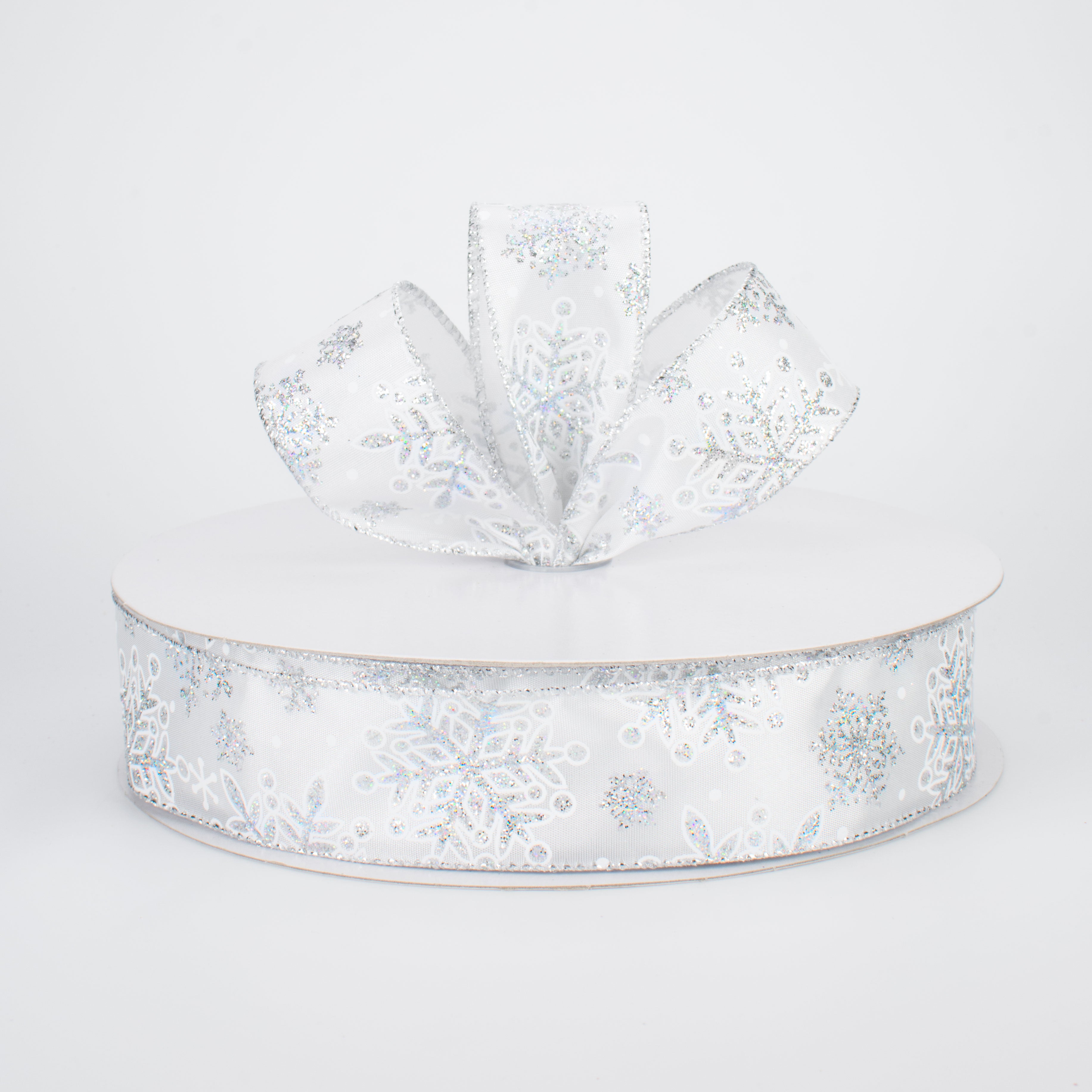 1.5" Glittered Snowflakes Ribbon: White & Silver (50 Yards) Lifestyle Photo