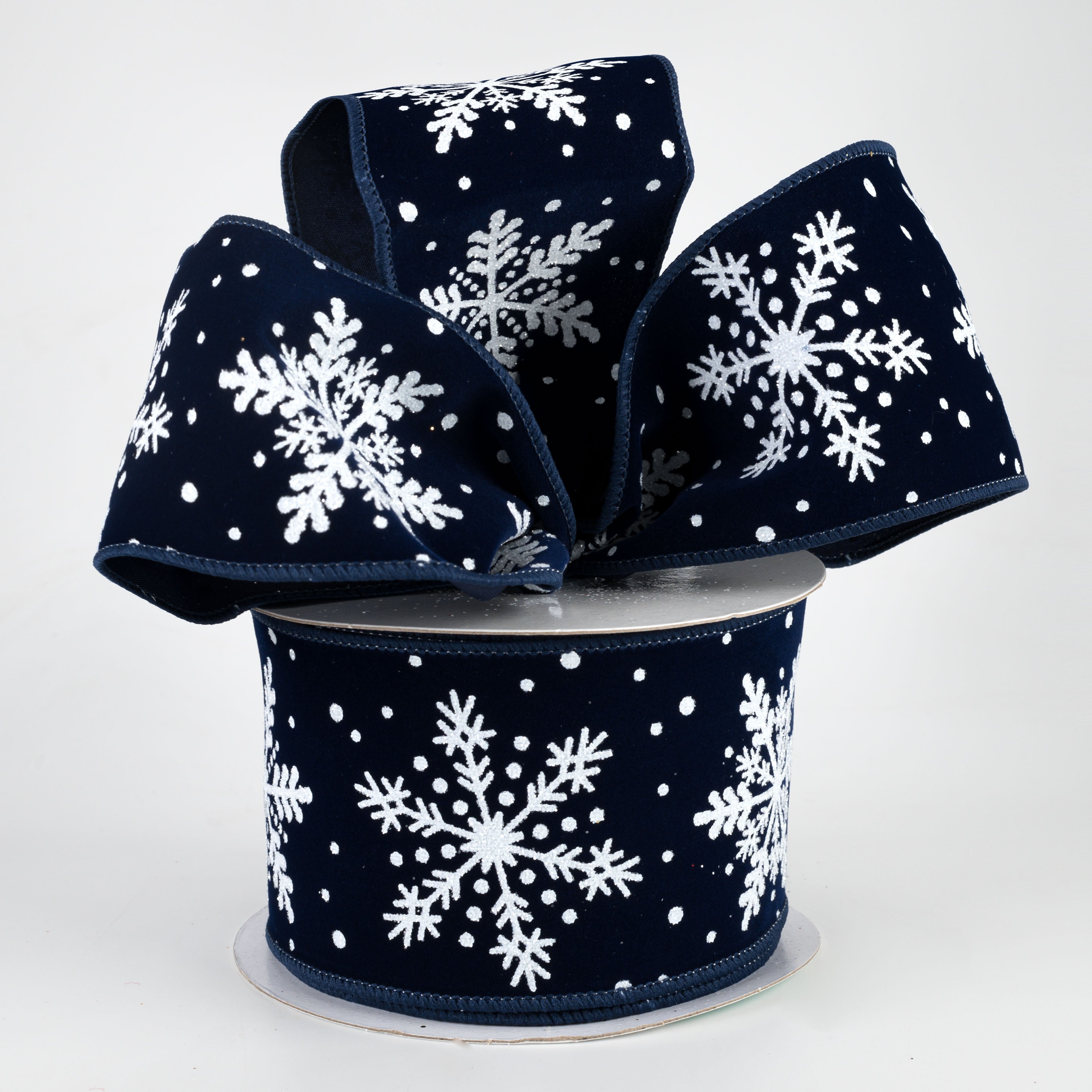 2.5" Glittered Snowflakes Velvet Ribbon: Navy Blue (10 Yards) Lifestyle Photo