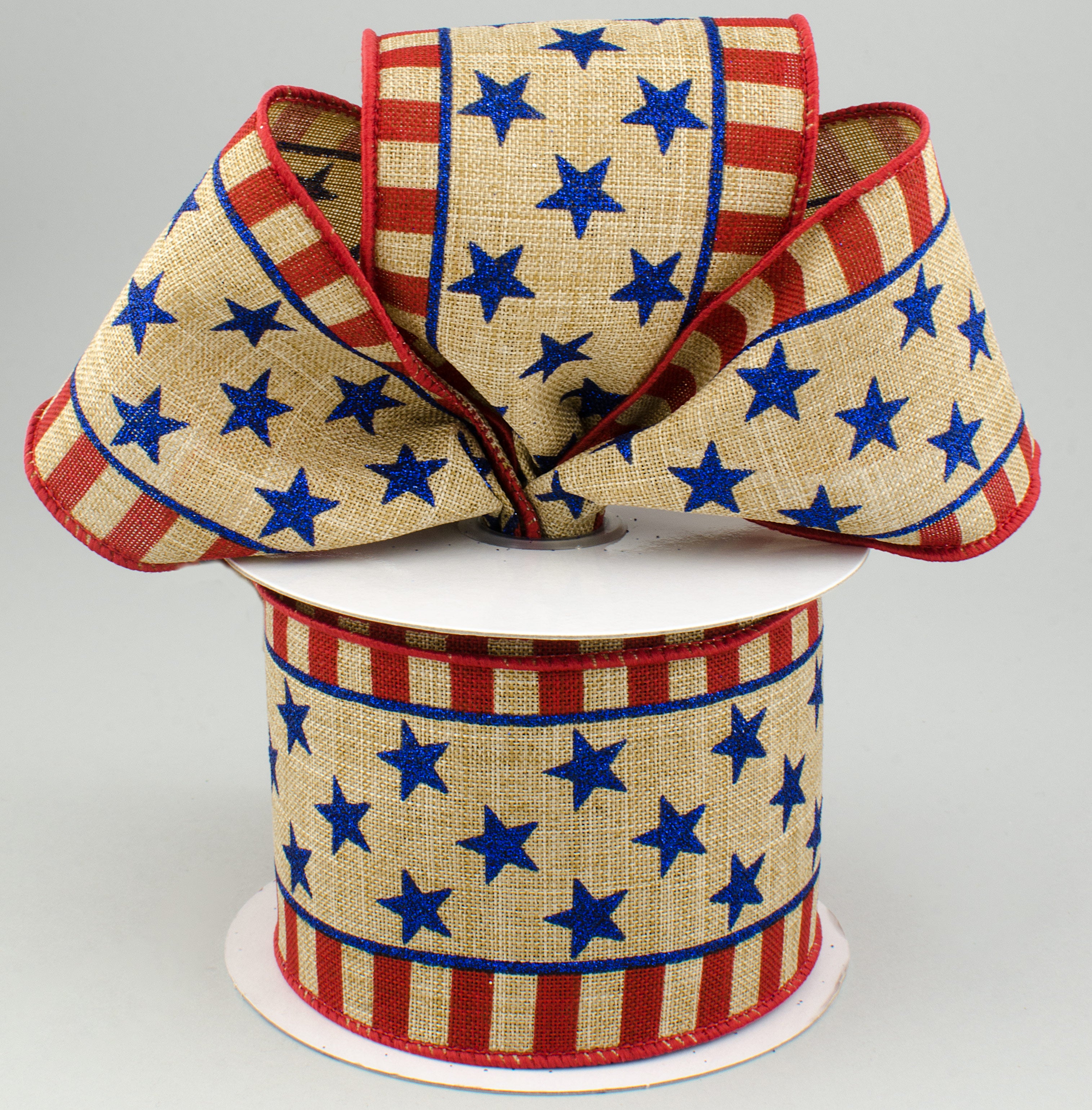 2.5" Glittered Stars & Stripes Royal Canvas Ribbon: Natural, Red, Blue (10 Yards) Lifestyle Photo