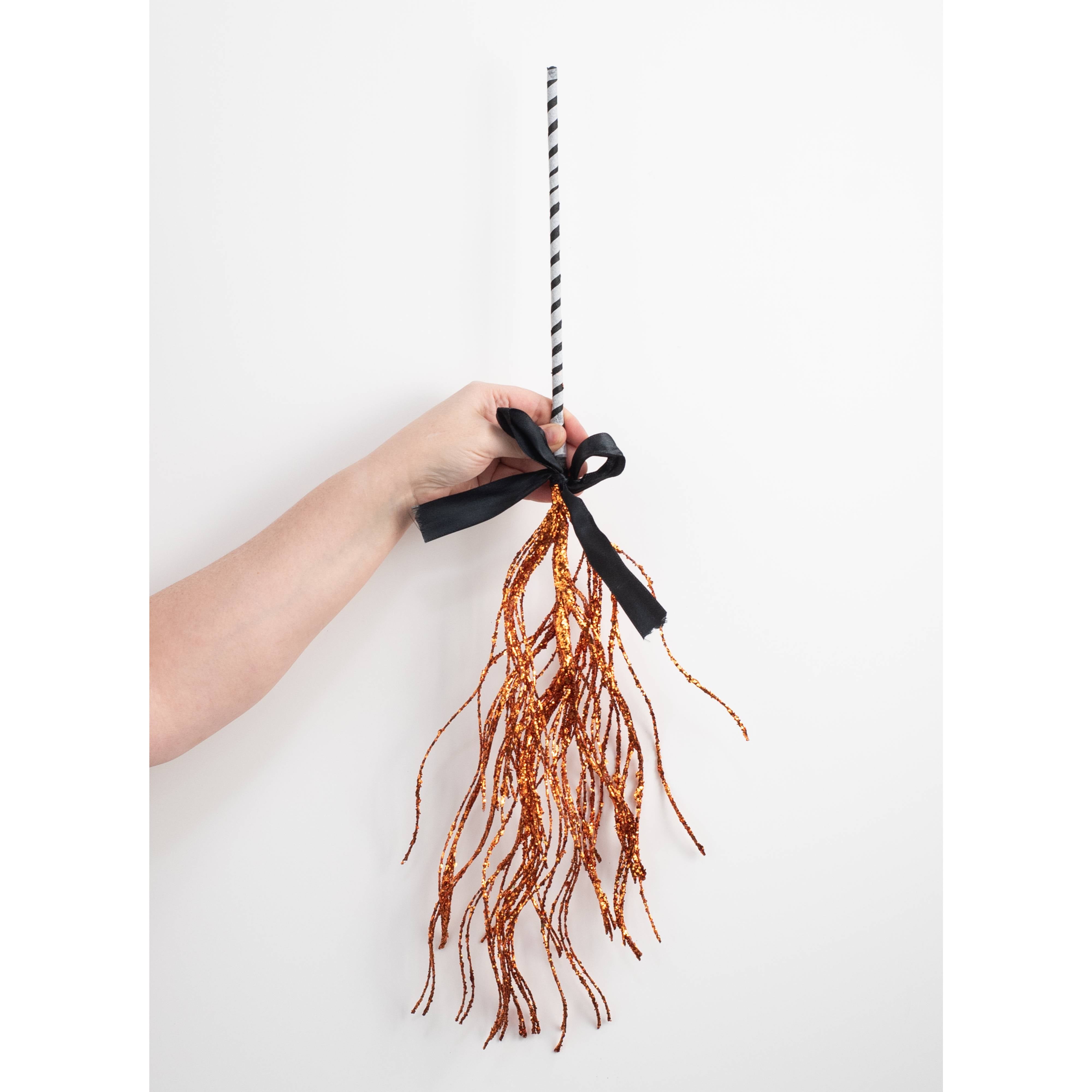 26" Glittered Twig Witch Broom: Orange detail photo 3