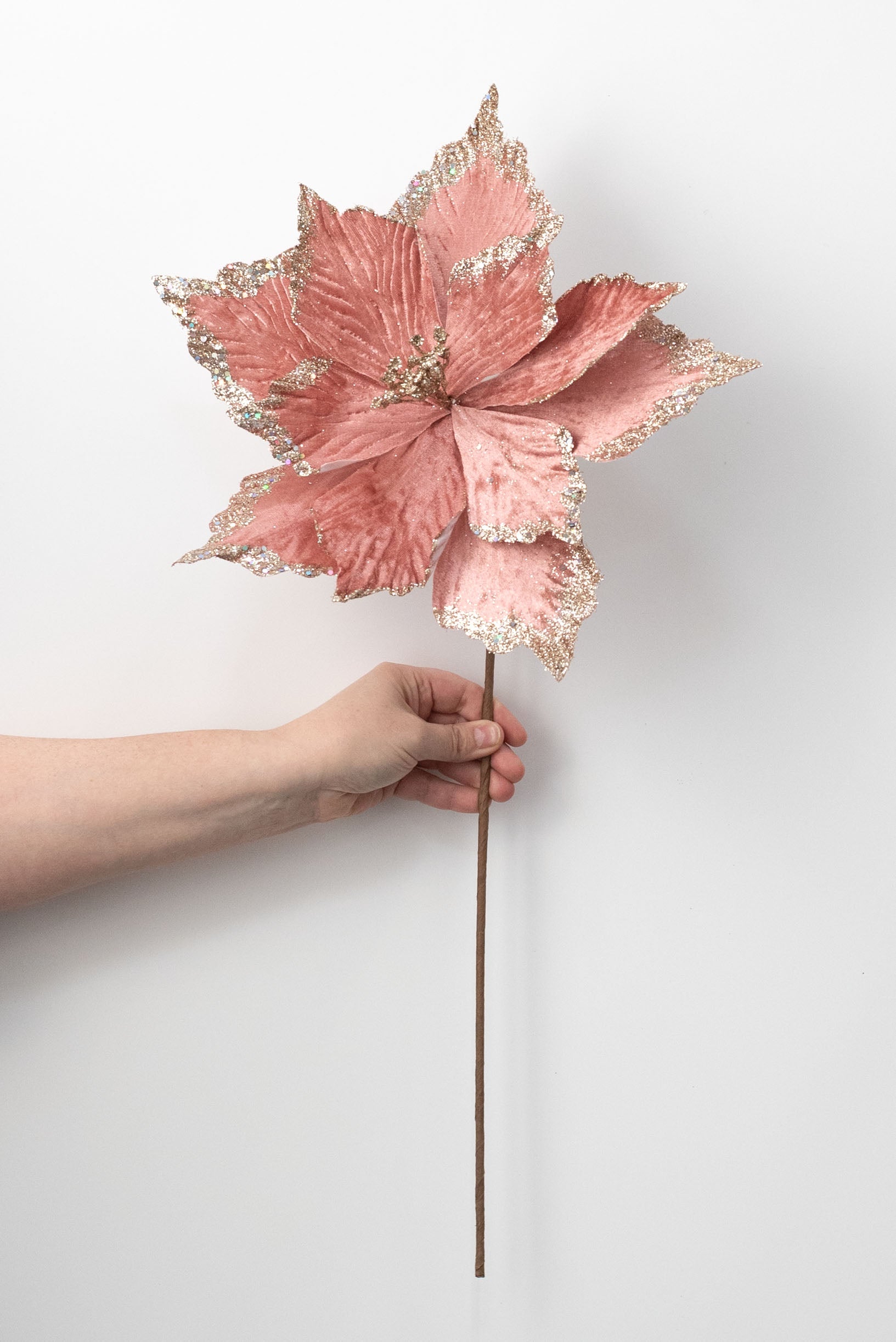 14" x 26" Glittered Velvet Poinsettia Pick: Blush & Champagne detail photo 4
