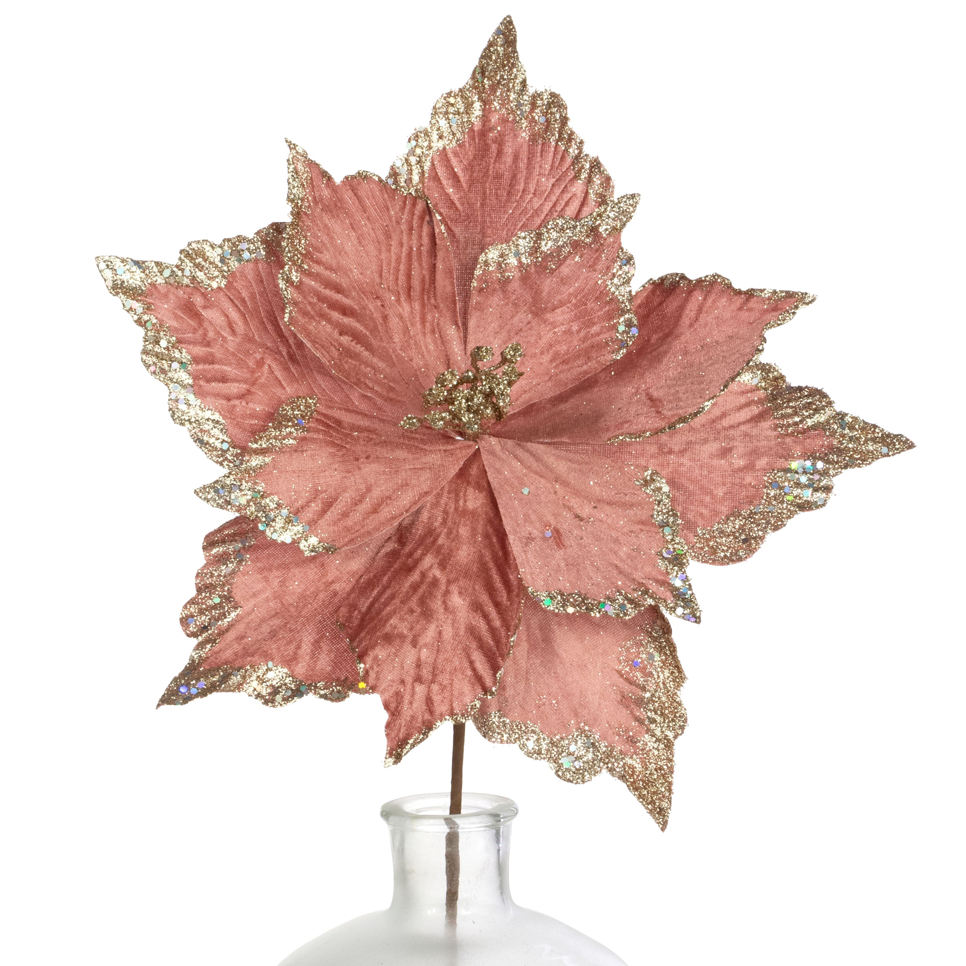 14" x 26" Glittered Velvet Poinsettia Pick: Blush & Champagne Item Number: 235280