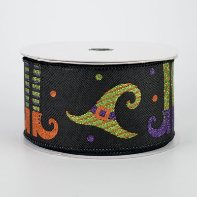 2.5" Glittered Witch Hats & Legs Ribbon: Black (10 Yards)
