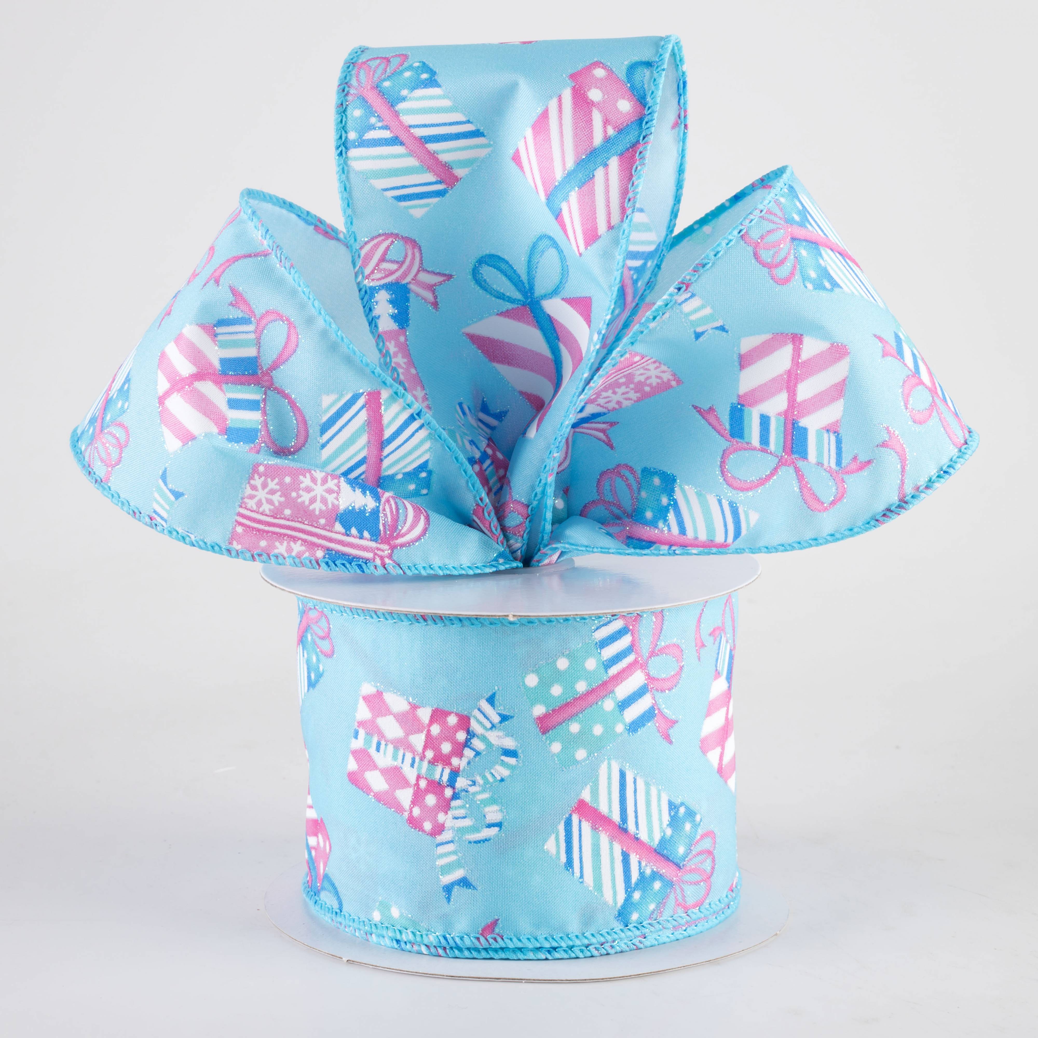 2.5" Glittered Wrapped Gifts Ribbon: Pink on Blue (10 Yards) Lifestyle Photo