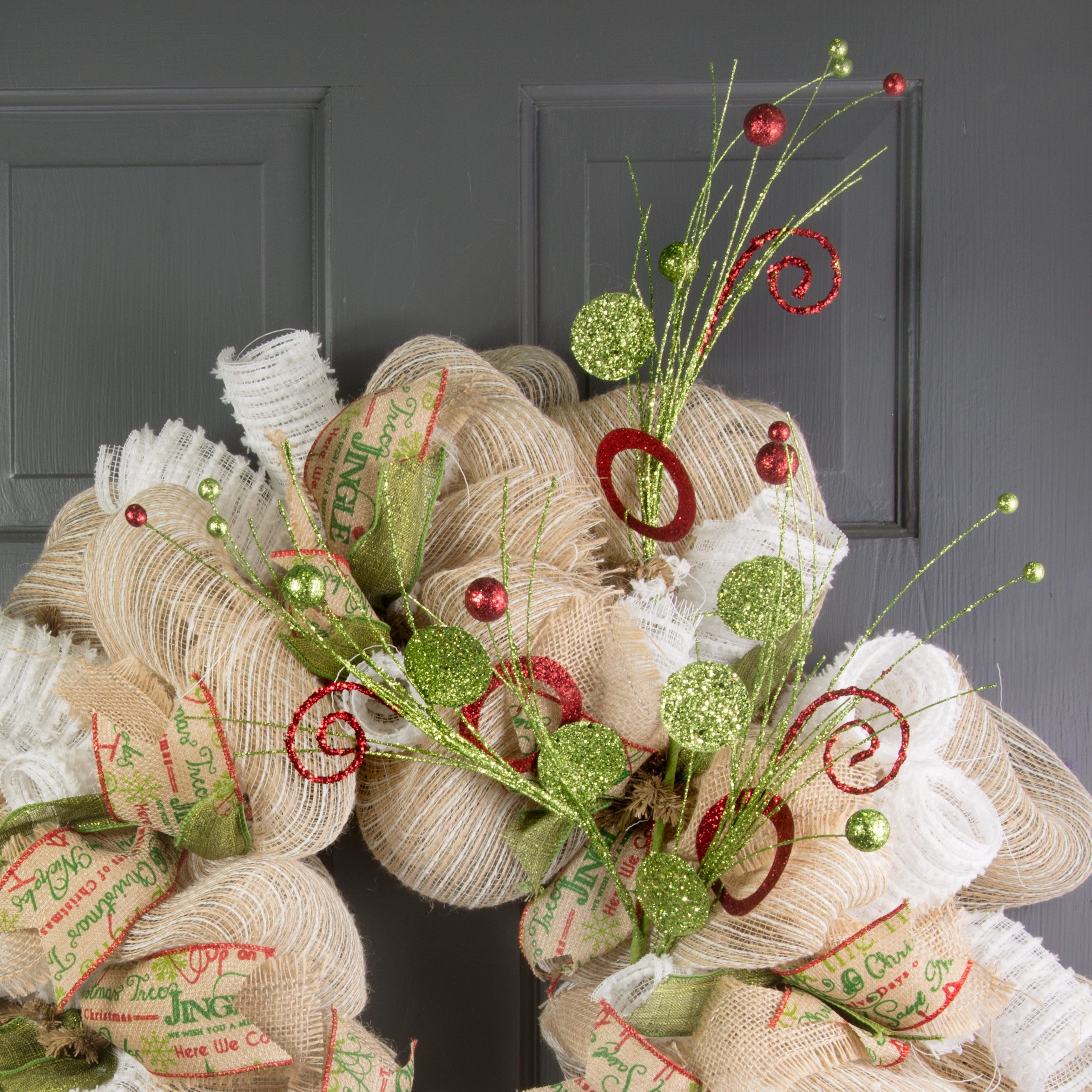 28" Glitzy Circle Ball Spray: Red & Lime Green detail photo 4