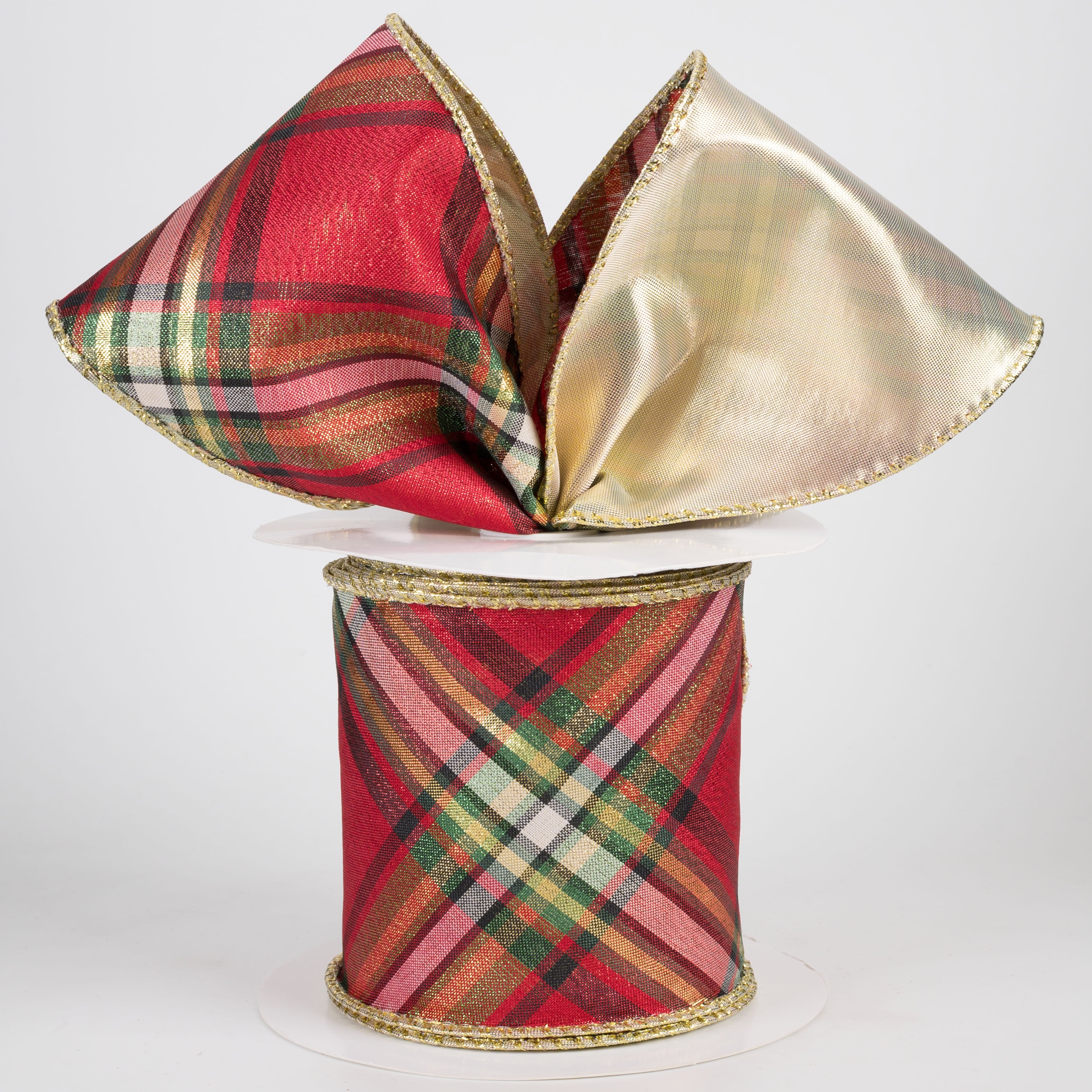 4" Gold Backed Metallic Tartan Plaid Ribbon (10 Yards) Lifestyle Photo