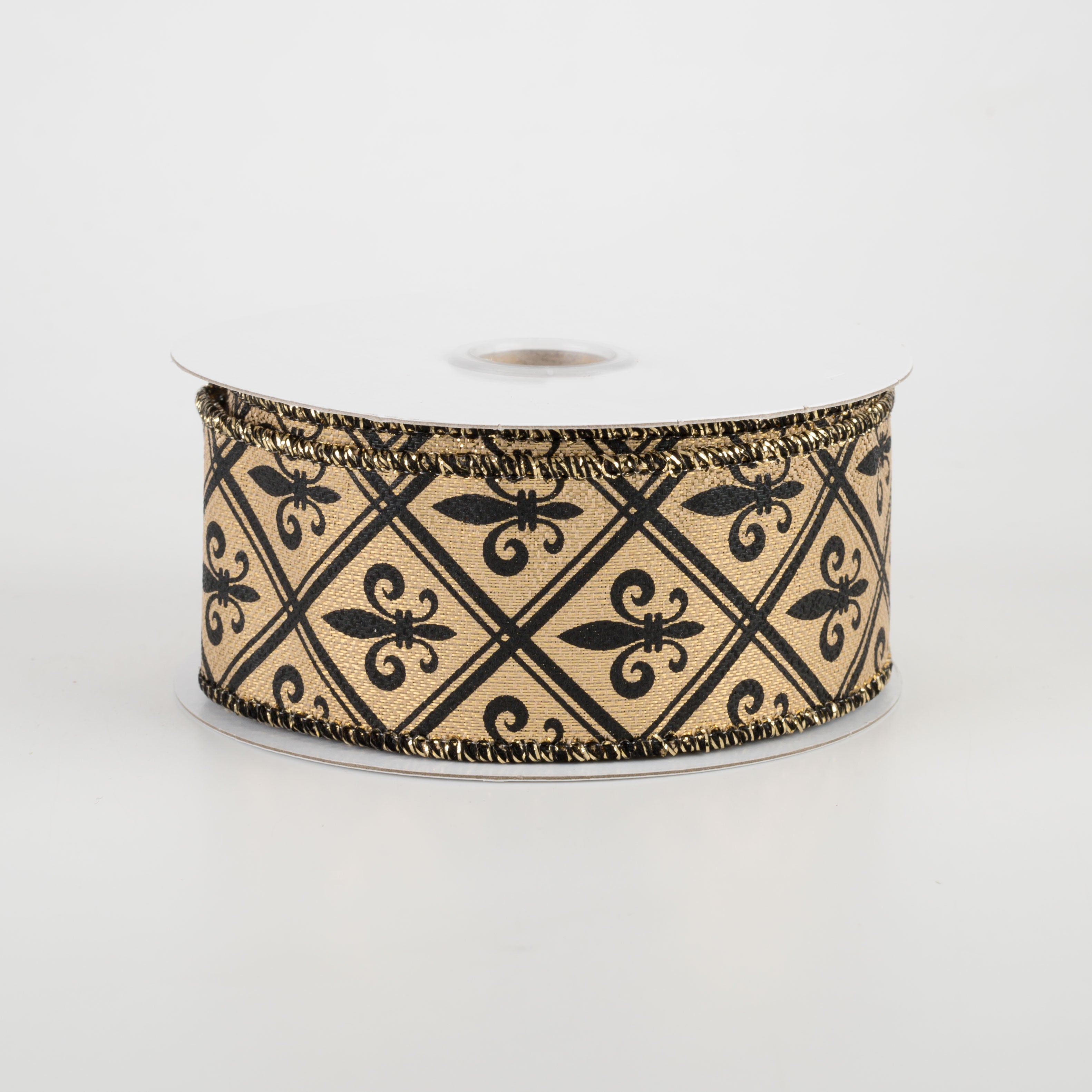 1.5" Gold Lamé Harlequin Fleur De Lis Ribbon: Black & Gold (10 Yards)