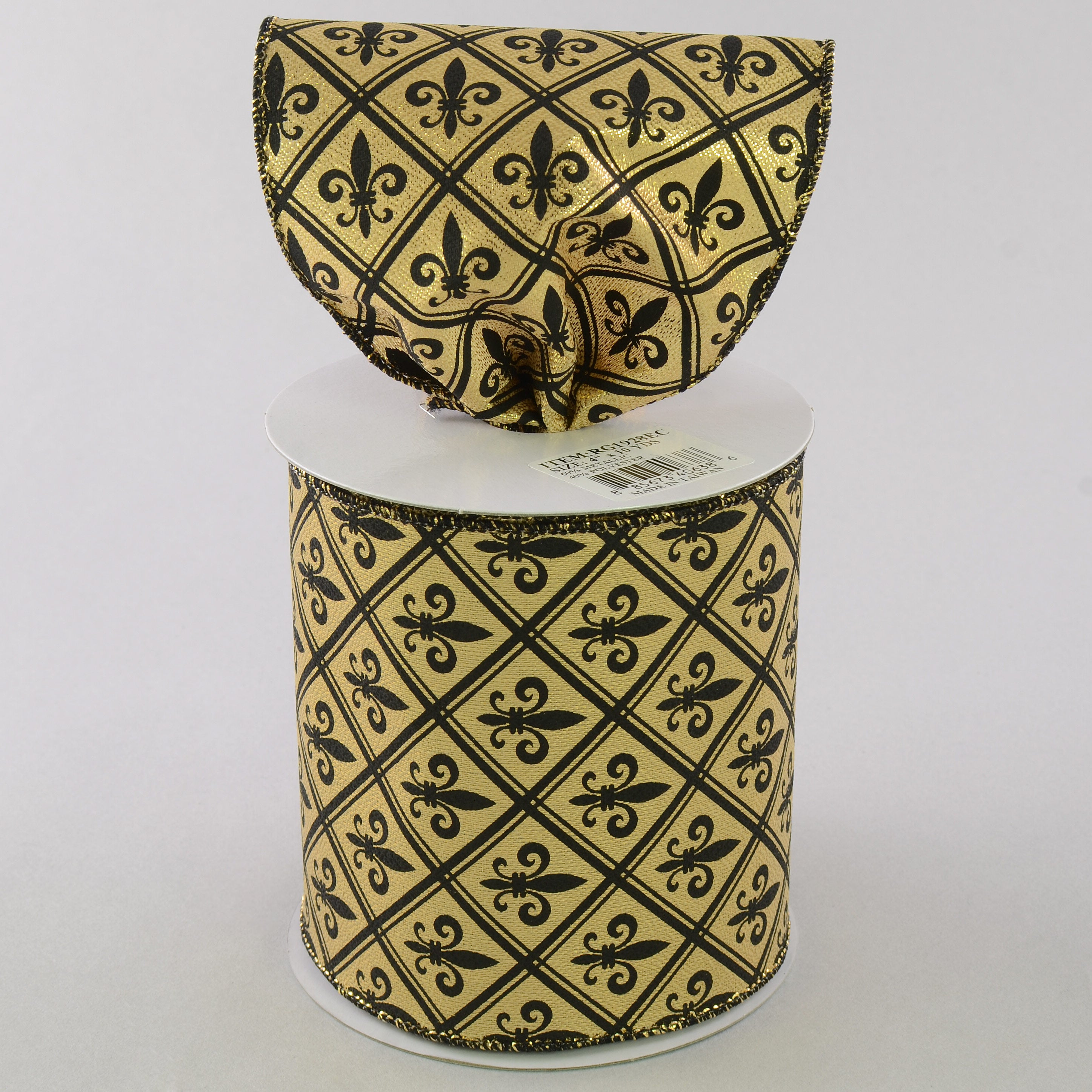 4" Gold Lamé Harlequin Fleur De Lis Ribbon: Black & Gold (10 Yards) Lifestyle Photo