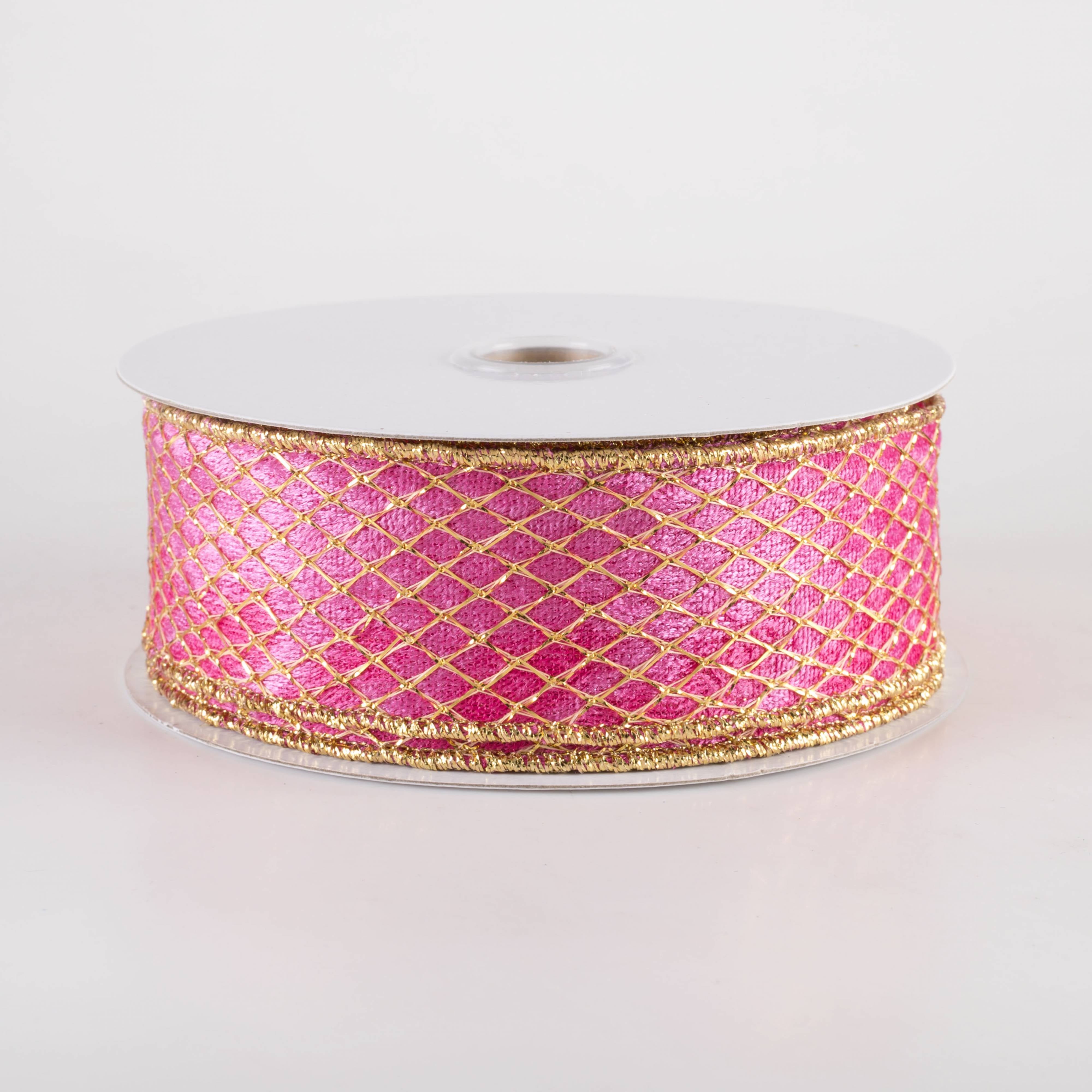1.5" Gold Net Overlay Velvet Ribbon: Pink (10 Yards) Item Number: 78489-09-28