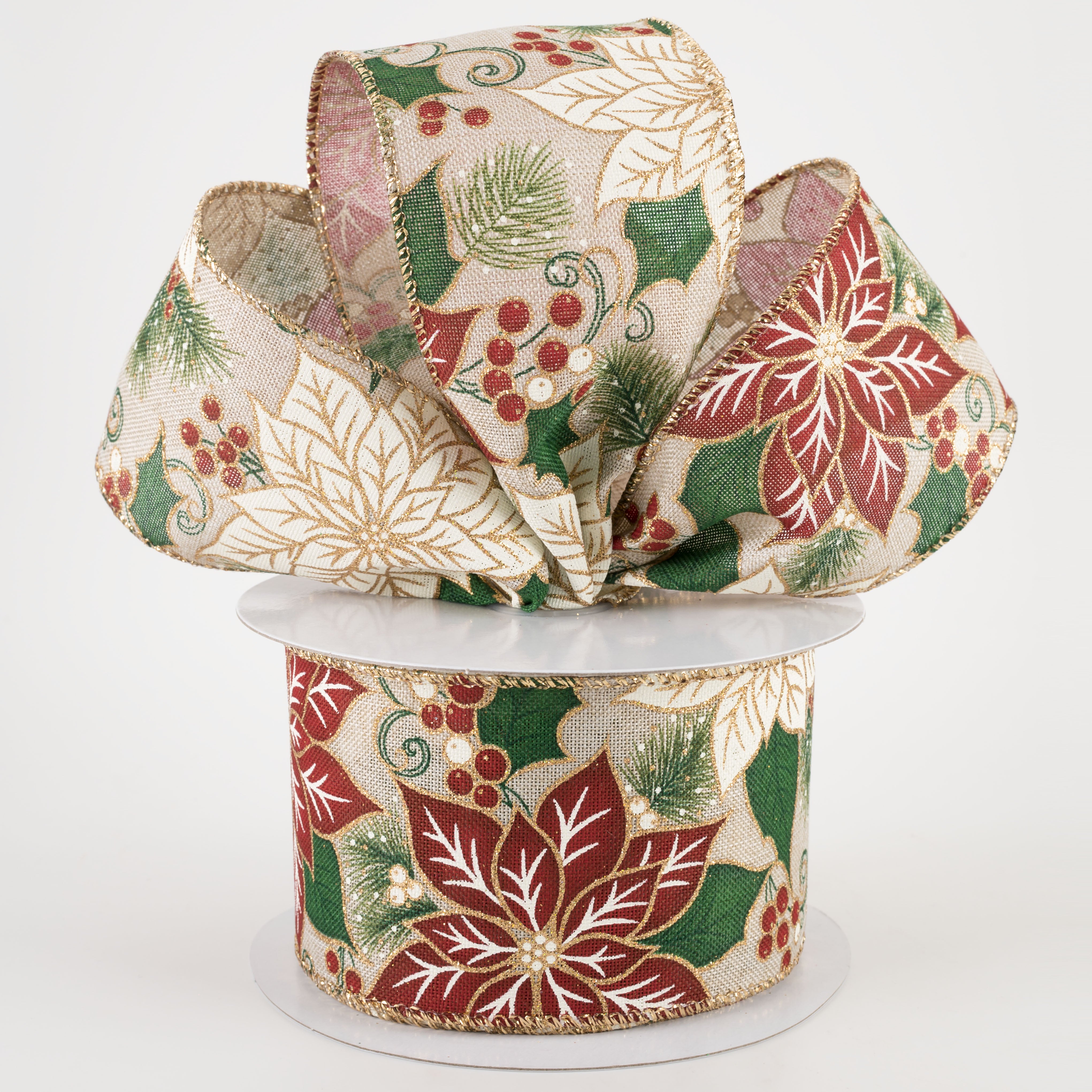 2.5" Golden Edge Poinsettia and Holly Ribbon Ribbon (10 Yards) Lifestyle Photo