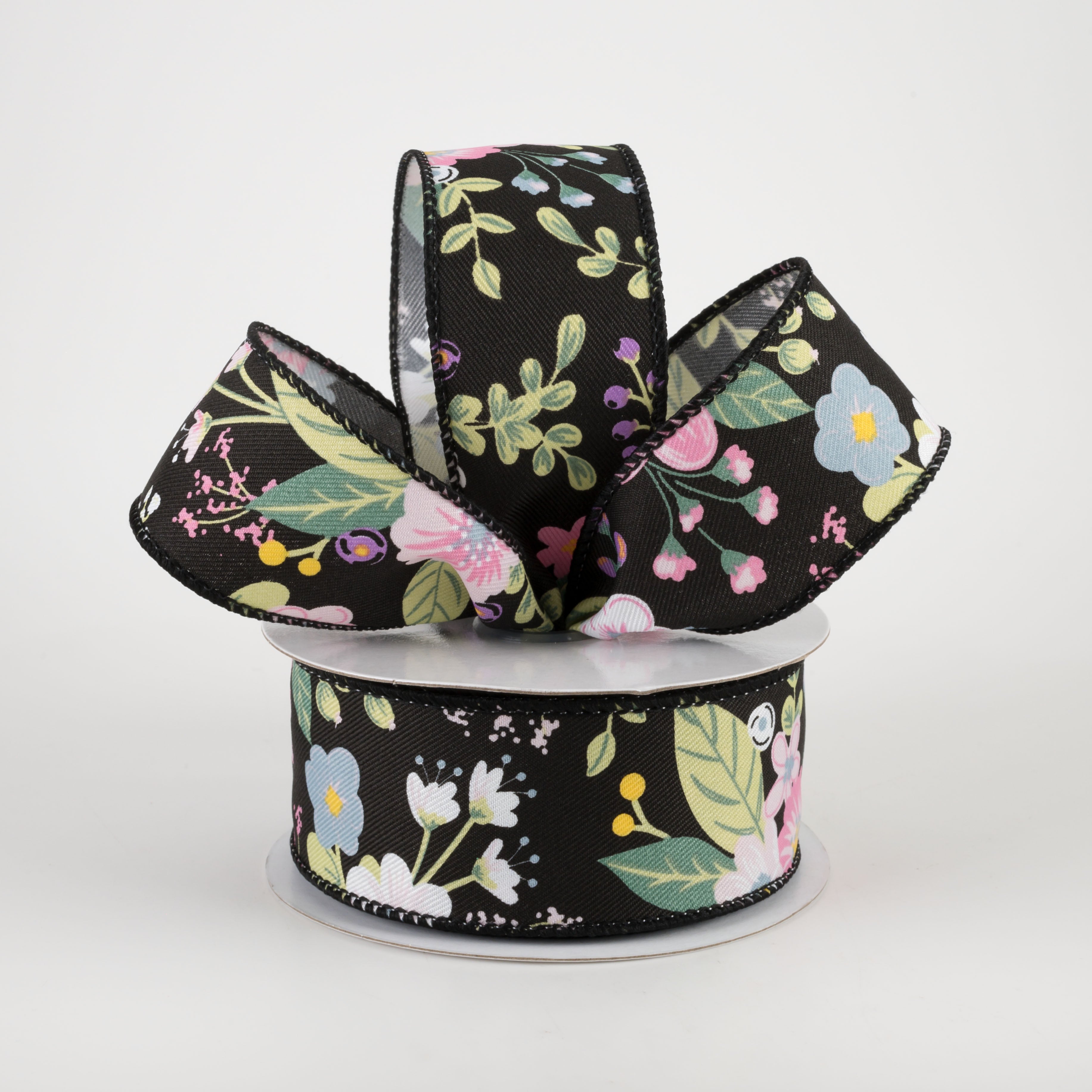 1.5" Graphic Florals Ribbon: Black (10 Yards) Lifestyle Photo