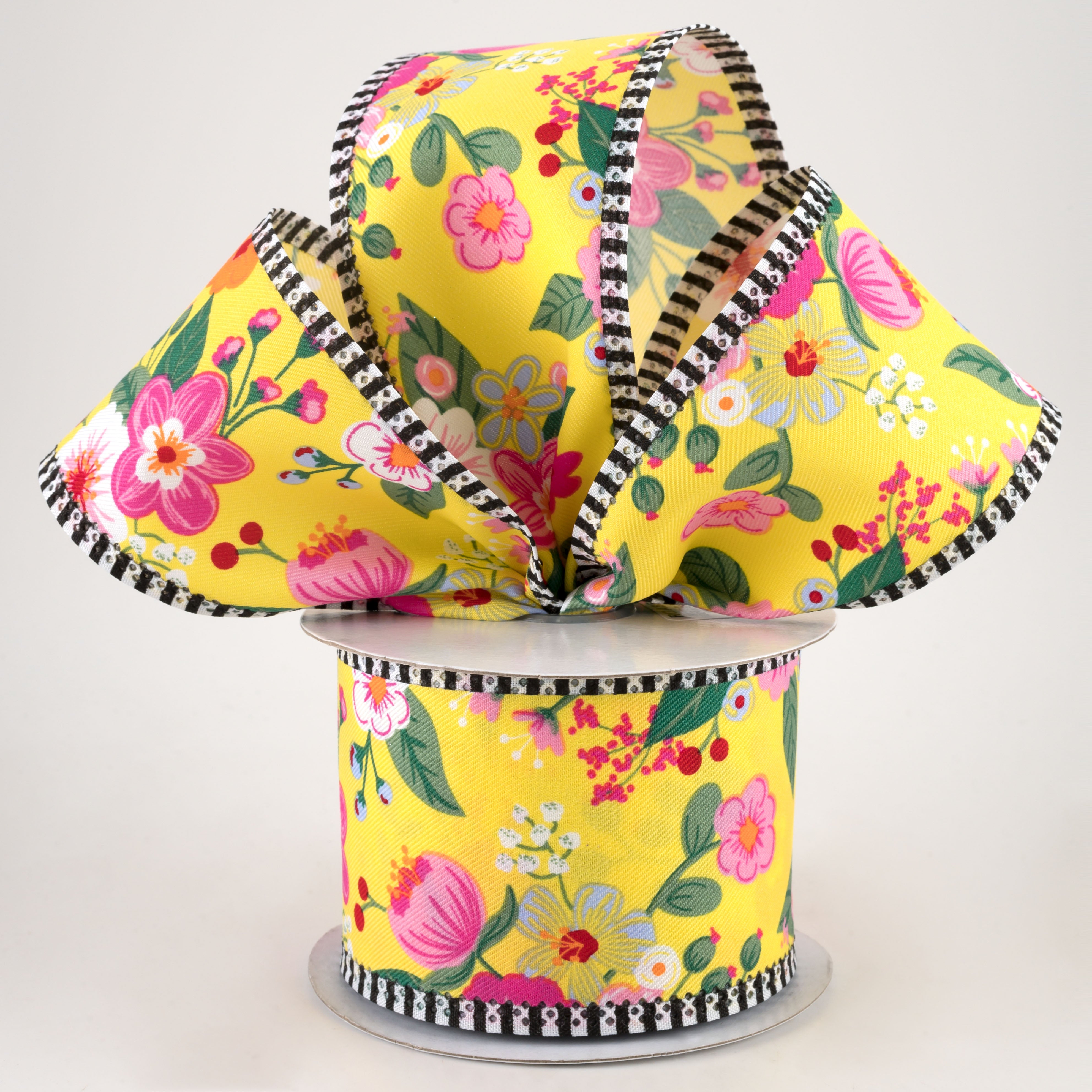 2.5" Graphic Florals Stripe Edge Ribbon: Yellow, Pink, Orange, Green (10 Yards) Lifestyle Photo