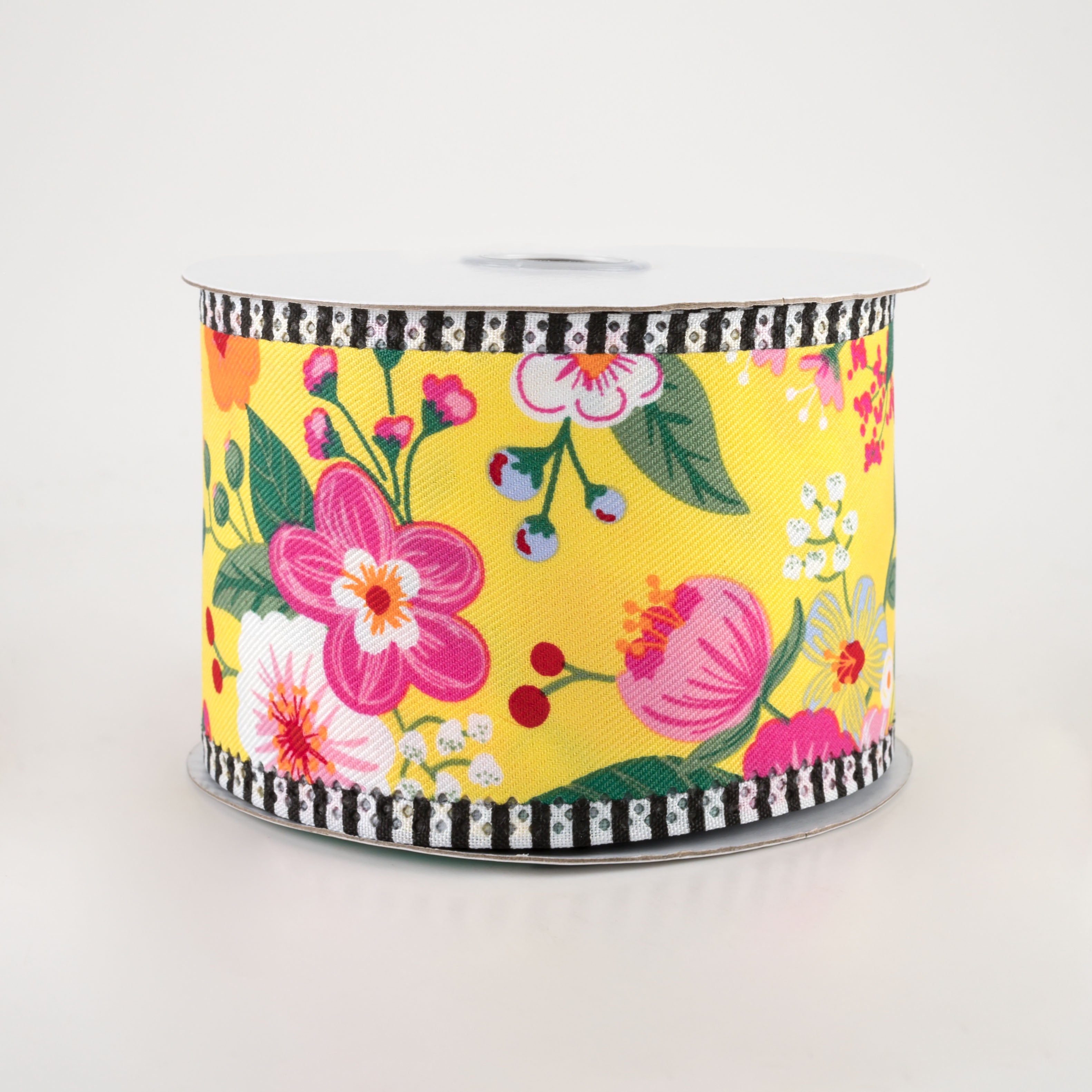 2.5" Graphic Florals Stripe Edge Ribbon: Yellow, Pink, Orange, Green (10 Yards)