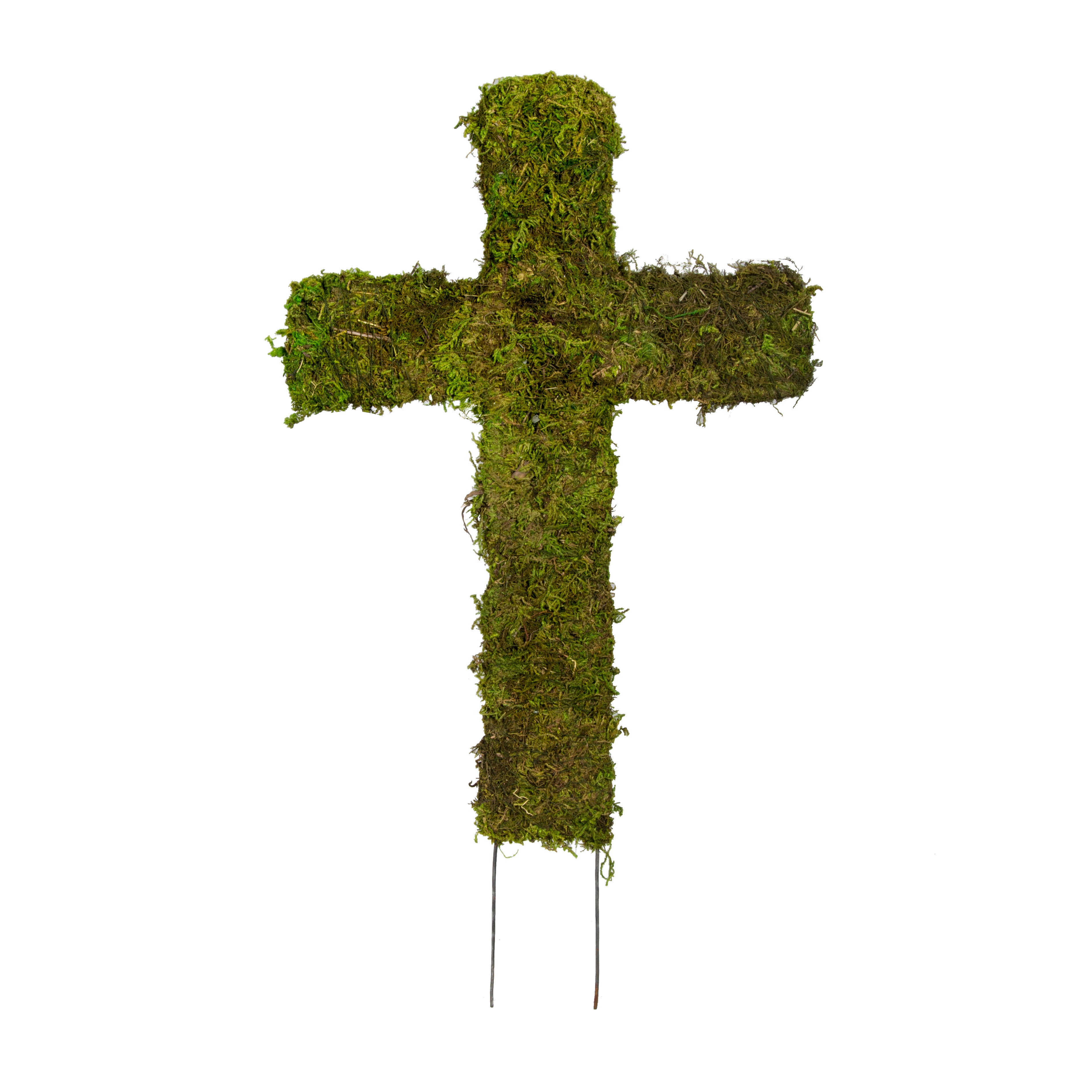 14" Green Sheet Moss Cross Stake Item Number: KC1009