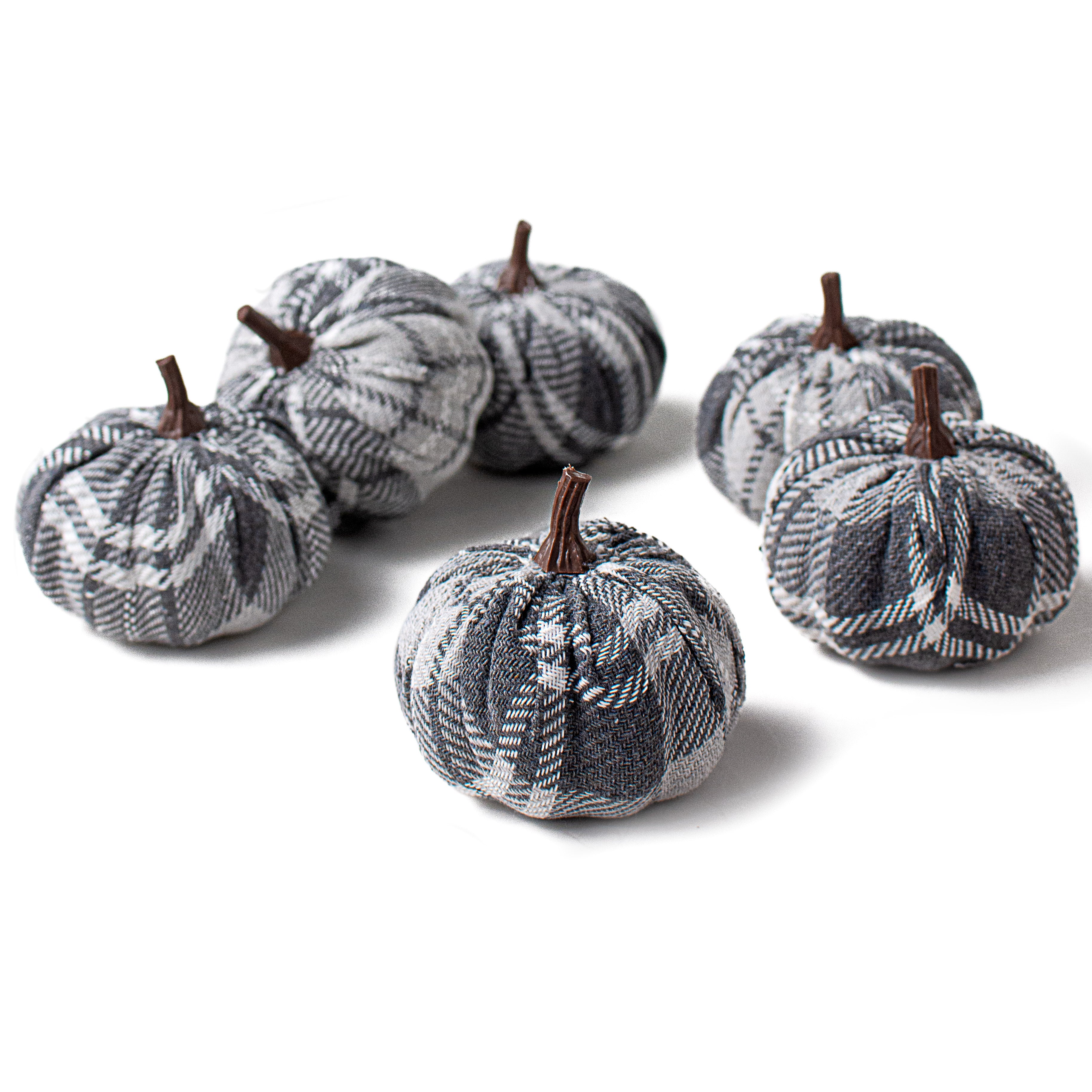 3" Grey Plaid Fabric Pumpkins (Set of 6) Item Number: 56706GYWT