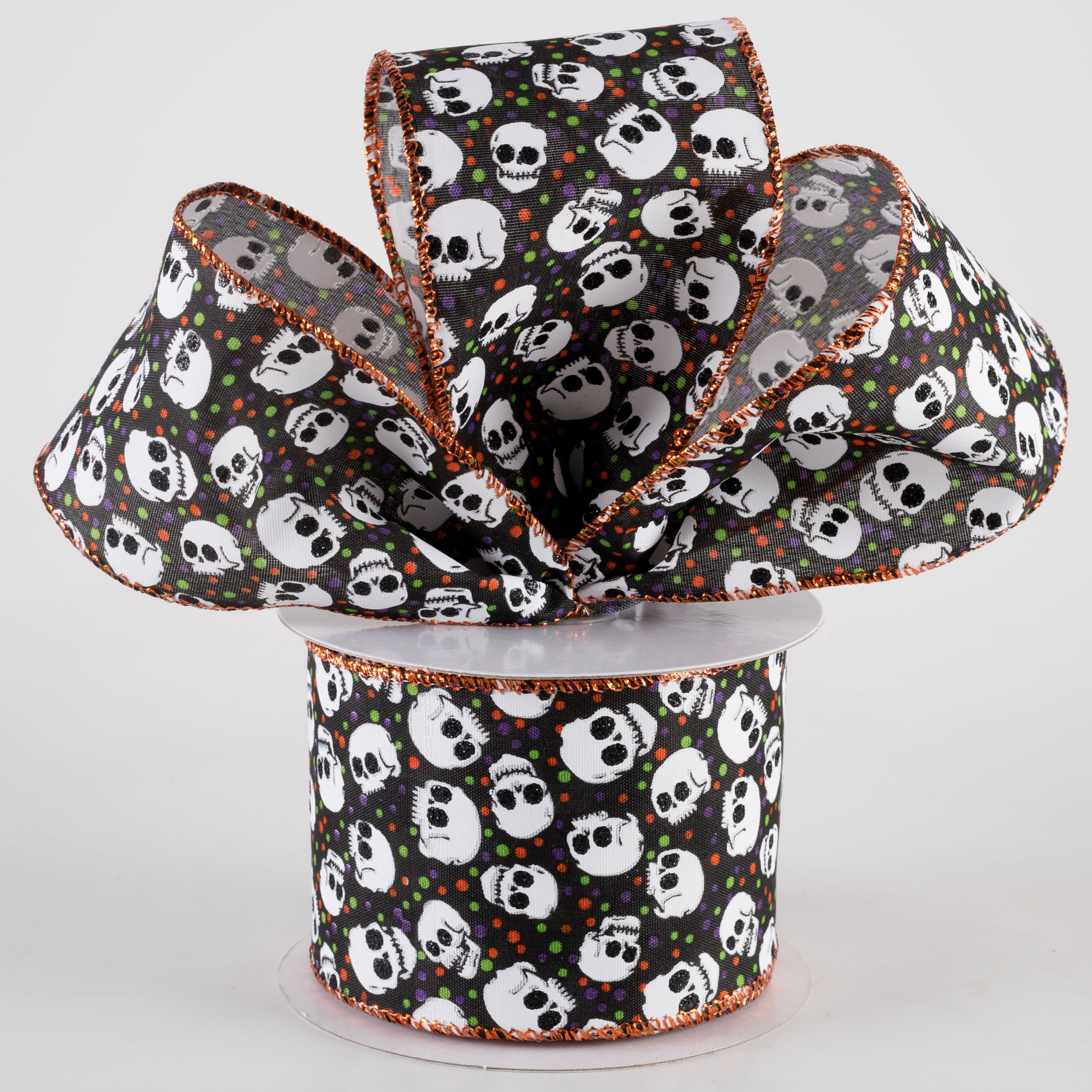 2.5" Halloween Dots & Skulls Ribbon: Black (10 Yards) Lifestyle Photo