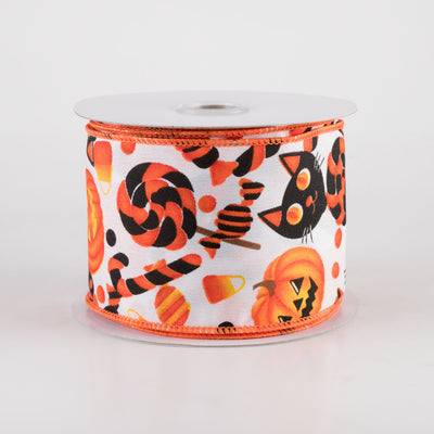 2.5" Halloween Pumpkin, Cat & Candy Ribbon: White (10 Yards) Item Number: 58441-40-01