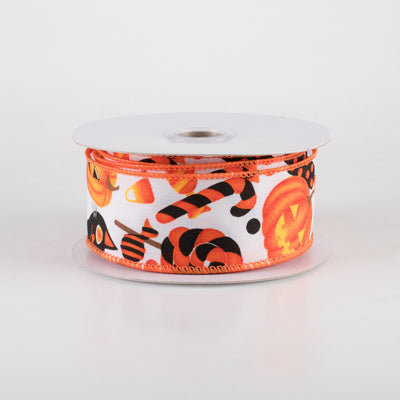 1.5" Halloween Pumpkin, Cat & Candy Ribbon: White (10 Yards) Item Number: 58441-09-01
