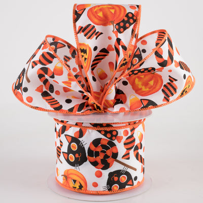 2.5" Halloween Pumpkin, Cat & Candy Ribbon: White (10 Yards) Lifestyle Photo
