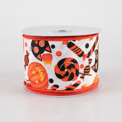 2.5" Halloween Pumpkin, Cat & Candy Ribbon: White (10 Yards)