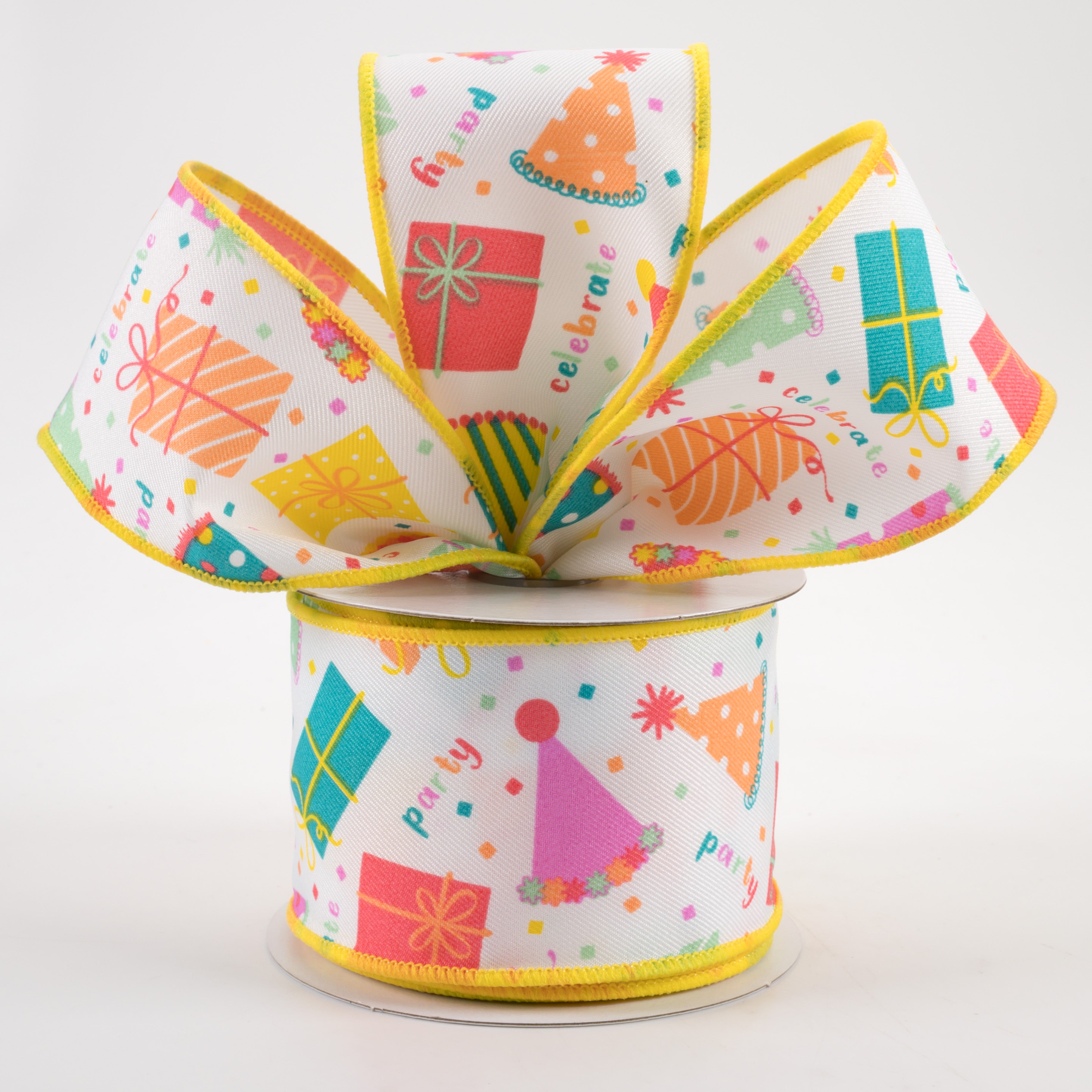 2.5" Happy Birthday Party Hats & Gifts Ribbon: White, Peach, Teal, Pink (10 Yards) Lifestyle Photo