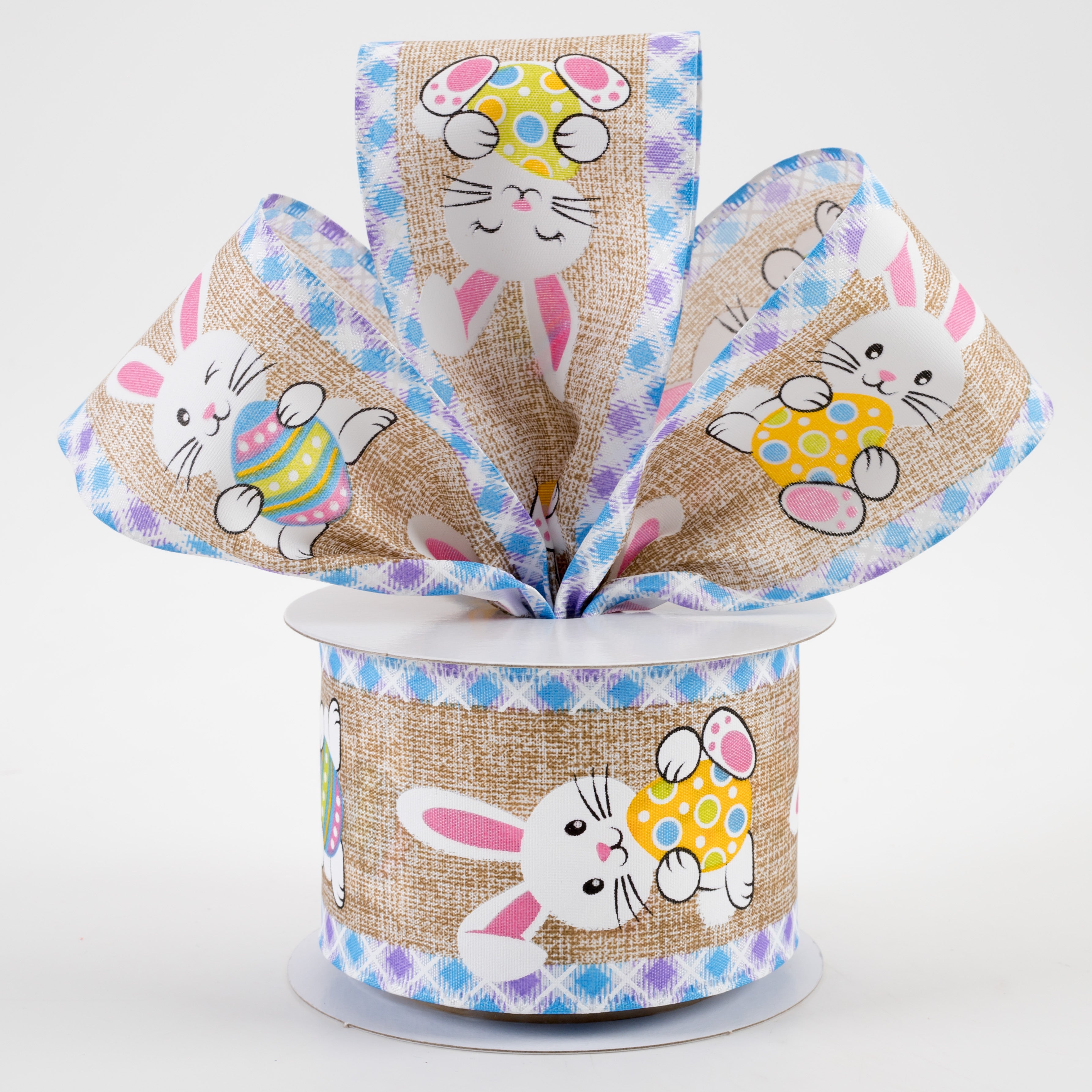 2.5" Happy Bunny Argyle Edge Ribbon: Natural, Blue, Lavender (10 Yards) Lifestyle Photo