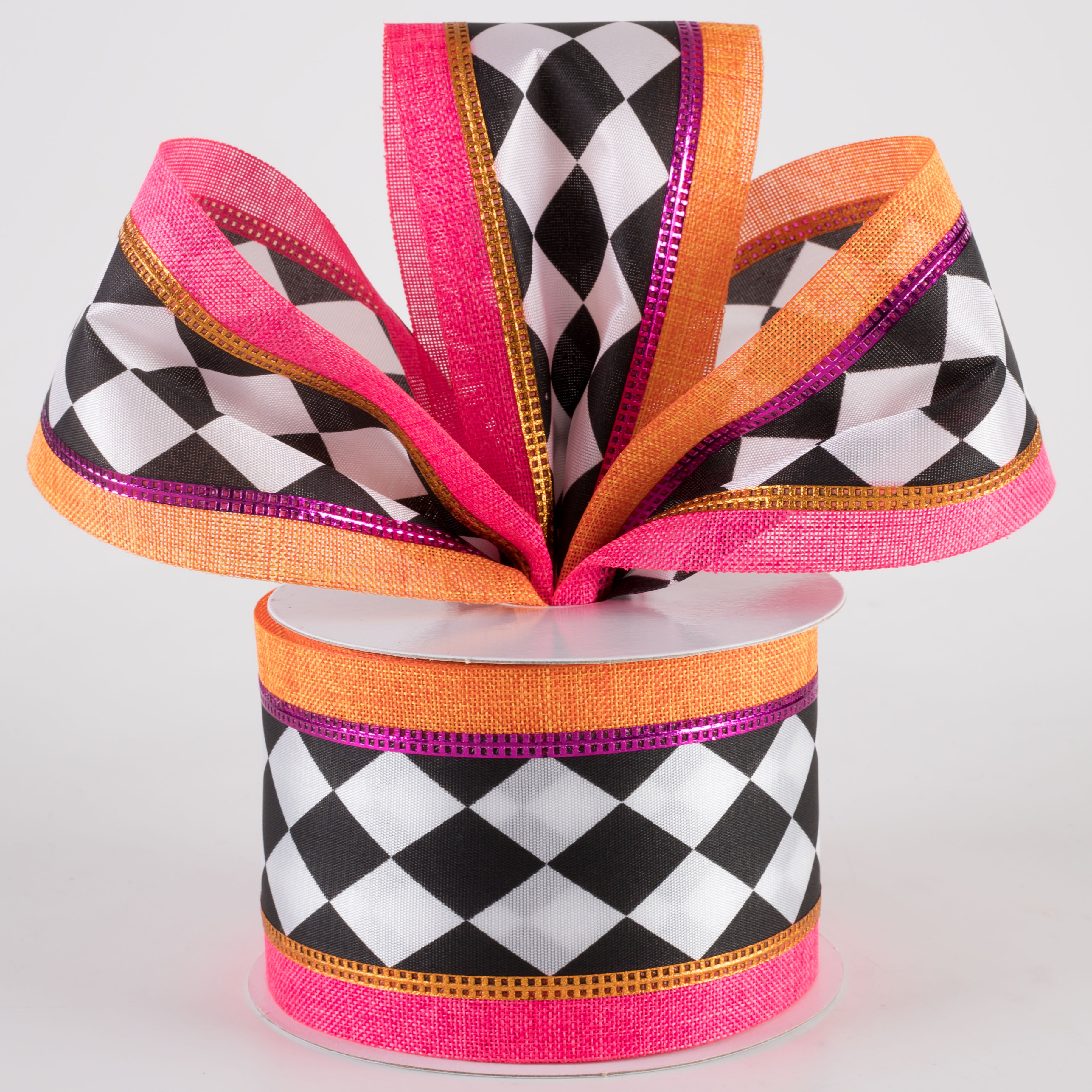 2.5" Harlequin Center & Linen Edge Ribbon: Hot Pink & Orange (10 Yards) Lifestyle Photo