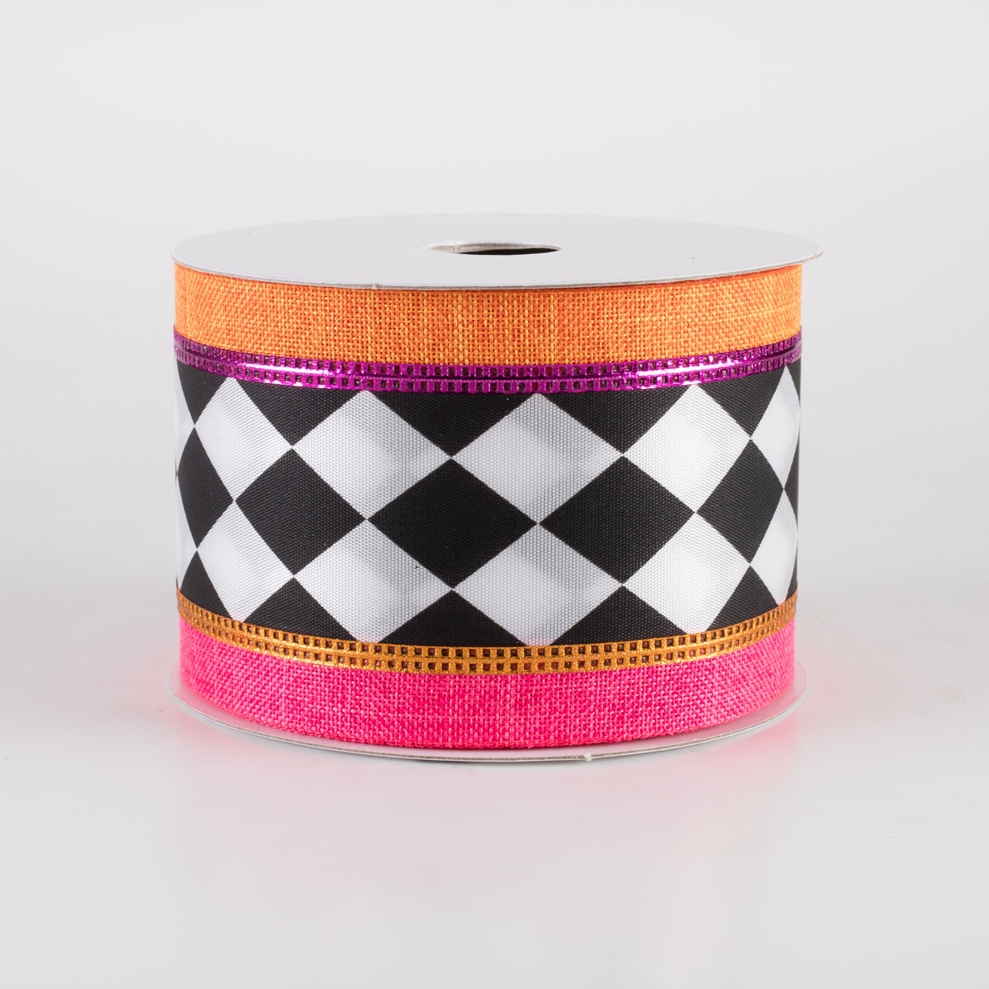 2.5" Harlequin Center & Linen Edge Ribbon: Hot Pink & Orange (10 Yards) Item Number: 56426-40-19