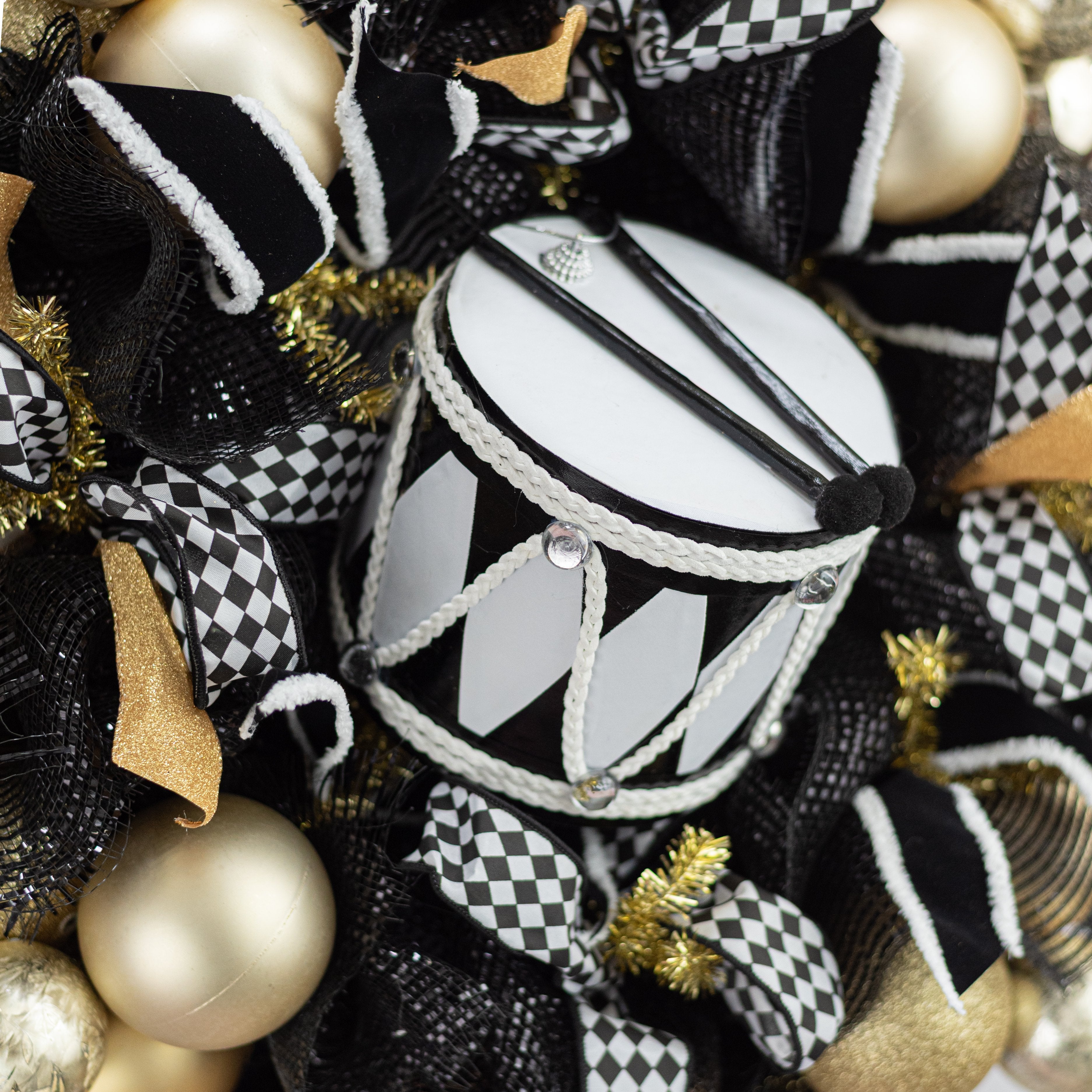 6" Harlequin Drum Ornament: Black & White Lifestyle Photo