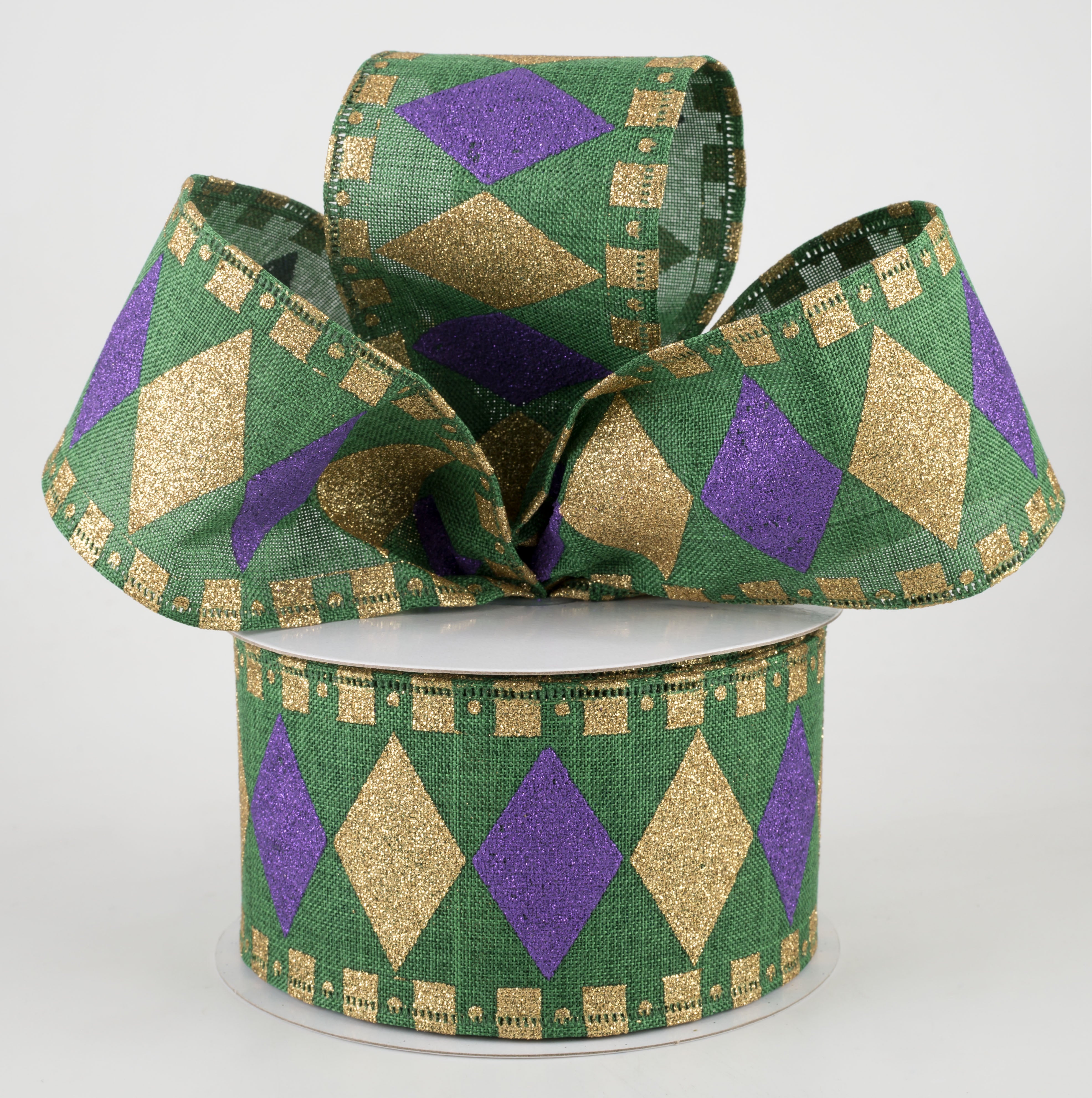 2.5" Harlequin Fun Diamond Ribbon: Emerald, Gold, Purple (10 Yards) Lifestyle Photo